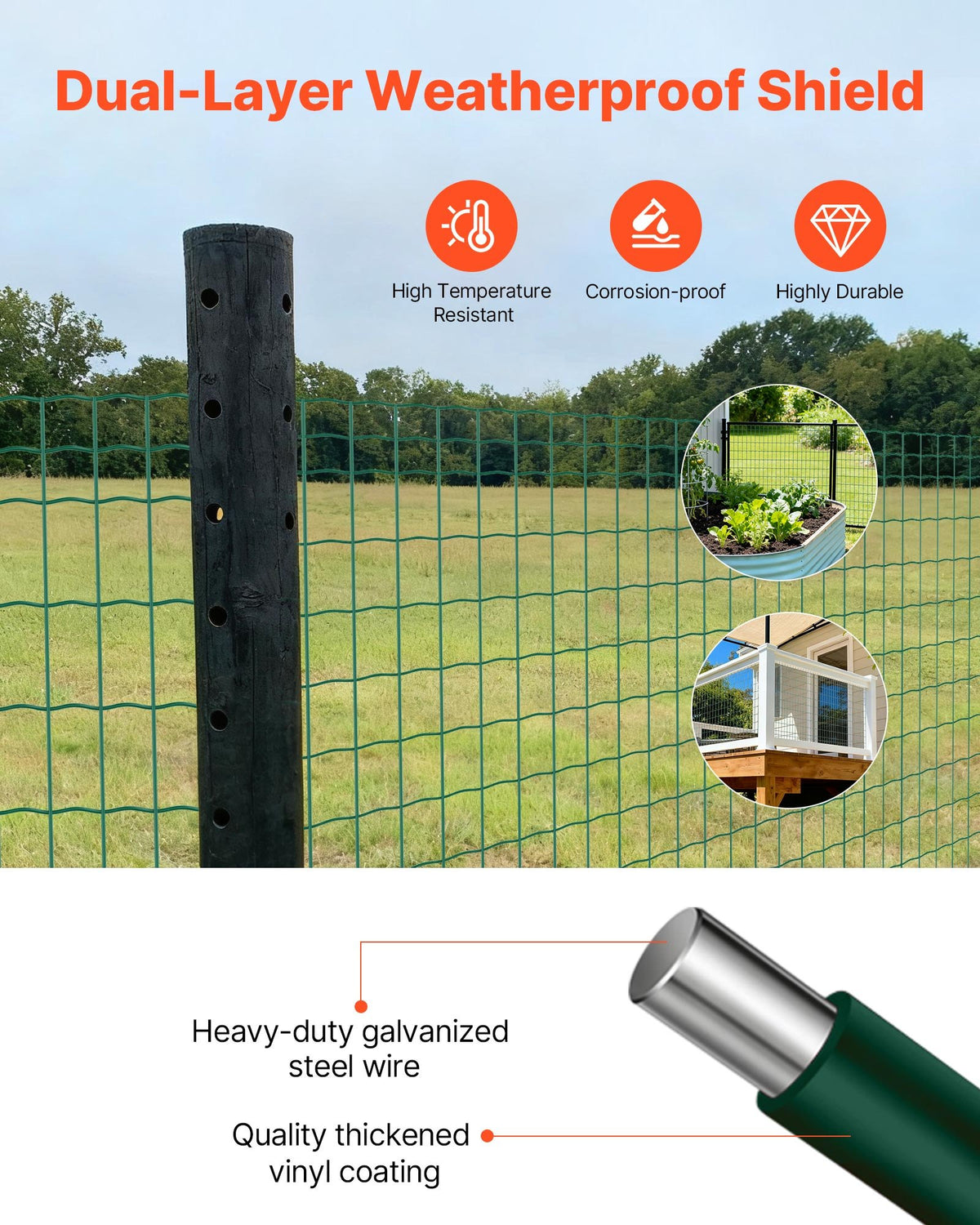 VEVOR Farm Fence, 1 x 25 m, 2 x 4 in Mesh 2.1mm Galvanized Steel Wire Fencing for Cattle, Hog & Sheep, Heavy Duty Vinyl Coated Livestock Fence for Animal Enclosures, Cage Wire, Garden Fences, Green