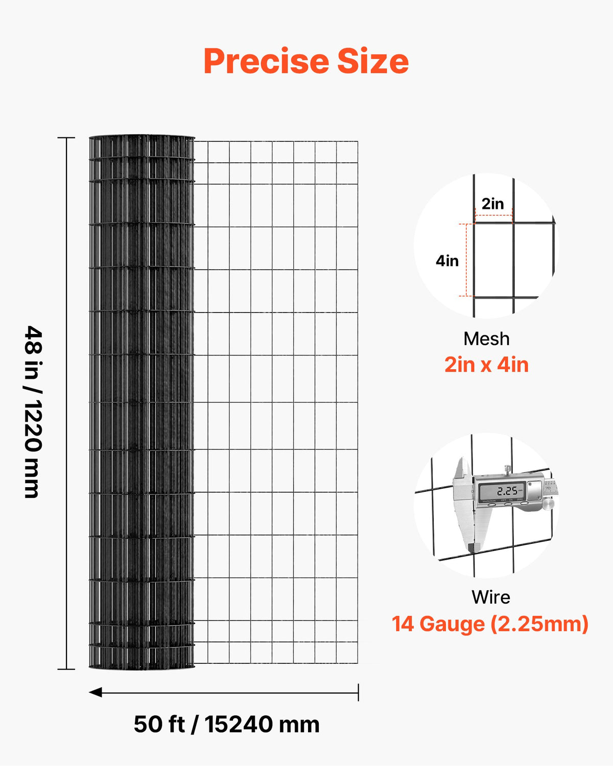 VEVOR Farm Fence,  122cm x 15.2m, 2 x 4 in Mesh 14 Gauge Galvanized Steel Wire Fencing for Cattle, Hog & Sheep , Heavy Duty Vinyl Coated Livestock Fence for Animal Enclosures, Cage Wire, Garden Fences