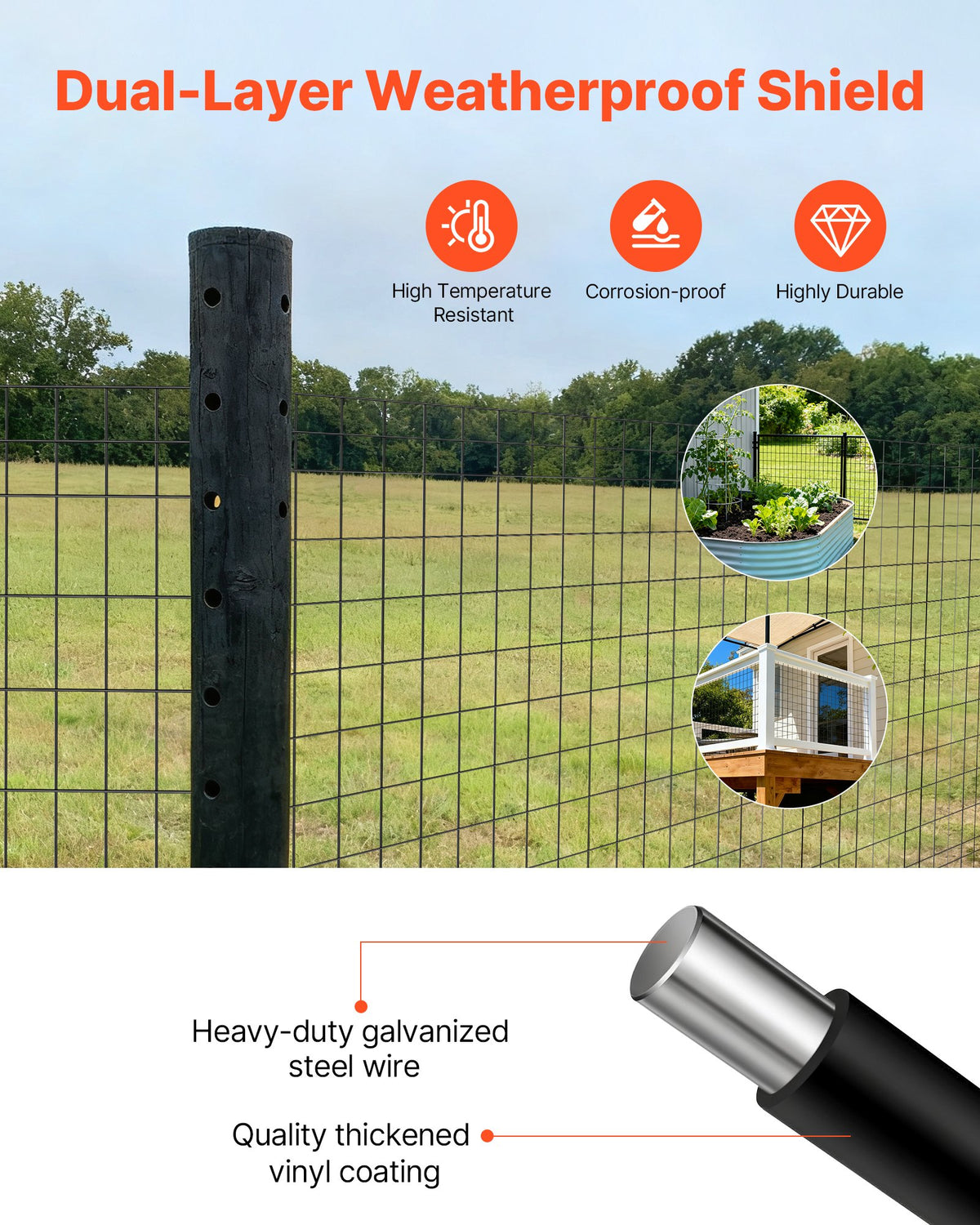 VEVOR Farm Fence,  122cm x 15.2m, 2 x 4 in Mesh 14 Gauge Galvanized Steel Wire Fencing for Cattle, Hog & Sheep , Heavy Duty Vinyl Coated Livestock Fence for Animal Enclosures, Cage Wire, Garden Fences
