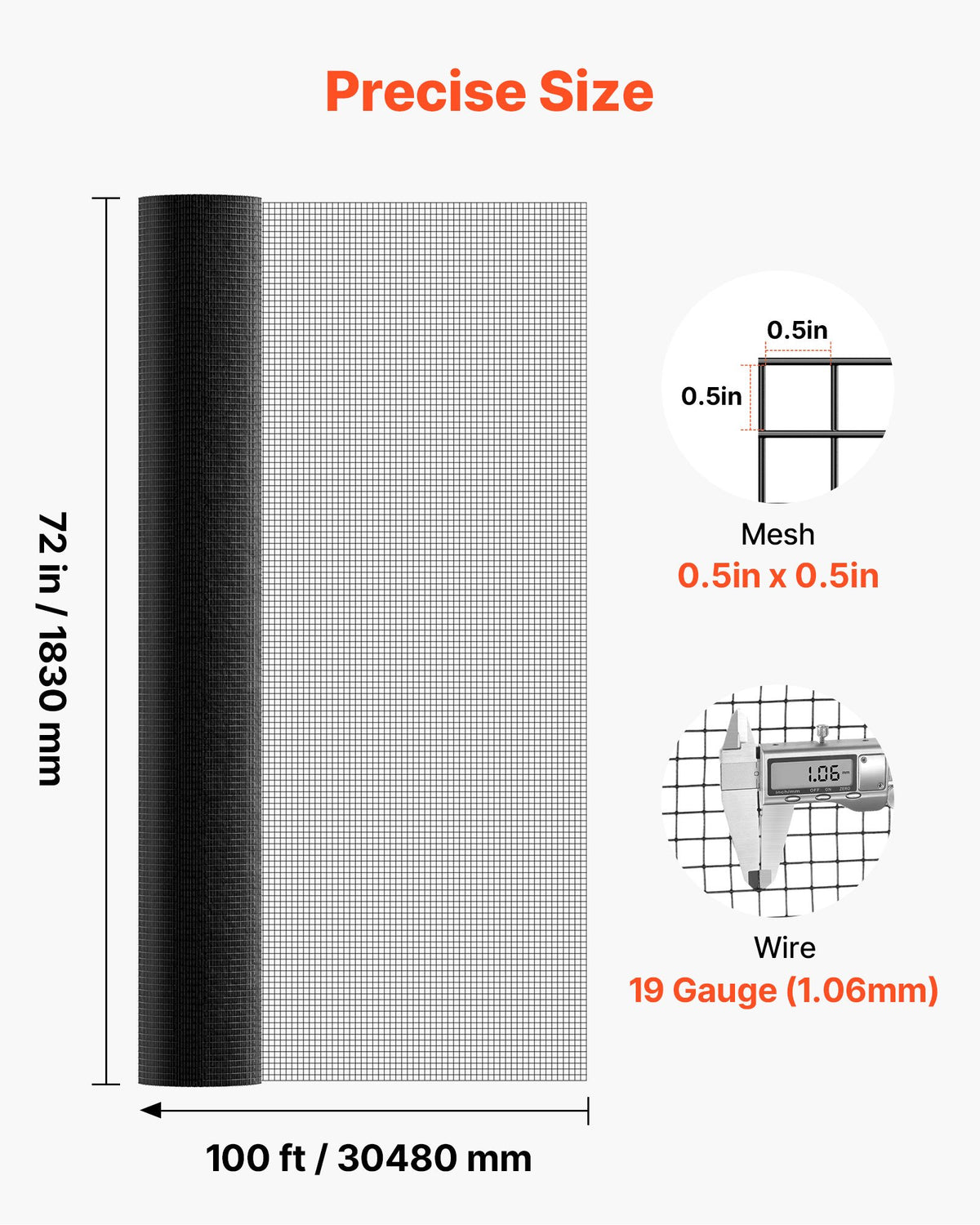 VEVOR Hardware Cloth 183cm x 30.4m, 1/2 in 19 Gauge Galvanized Wire Mesh Roll, Weather-Resistant Vinyl Coated Chicken Wire Fencing, Heavy Duty Welded Garden Plant Fencing for Rabbit Cage Snake Fence