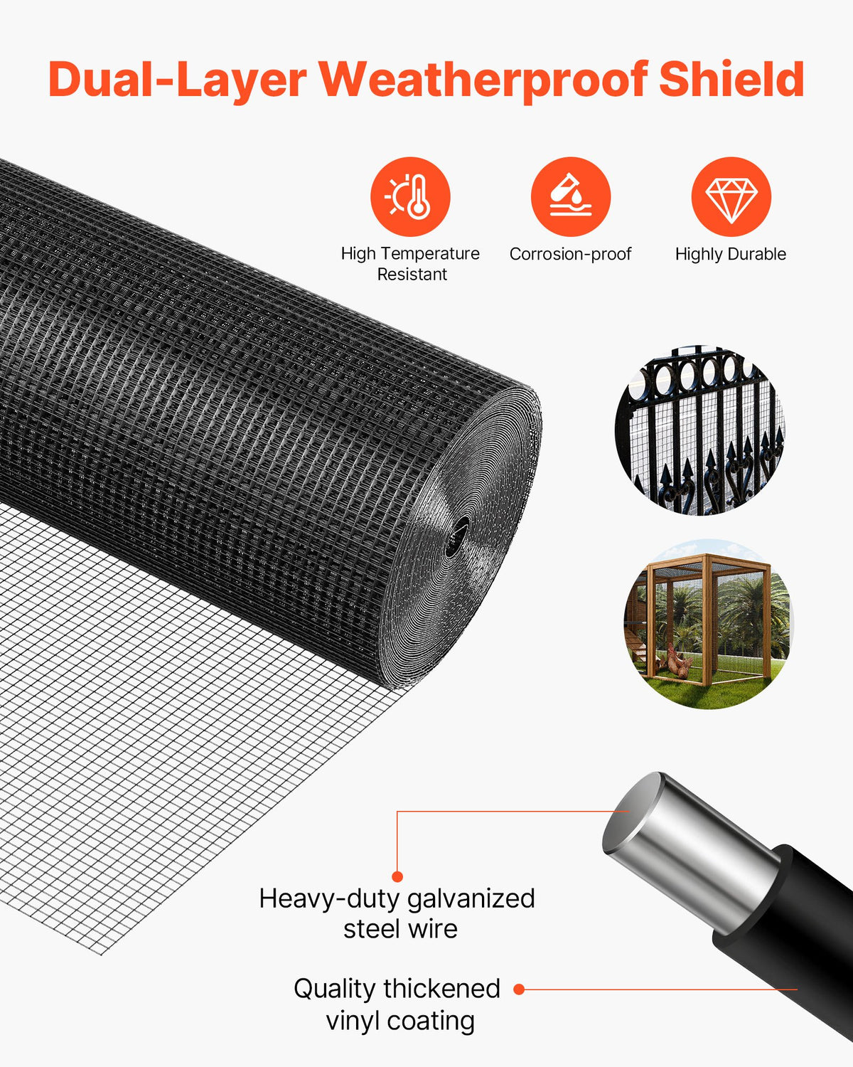 VEVOR Hardware Cloth 183cm x 30.4m, 1/2 in 19 Gauge Galvanized Wire Mesh Roll, Weather-Resistant Vinyl Coated Chicken Wire Fencing, Heavy Duty Welded Garden Plant Fencing for Rabbit Cage Snake Fence