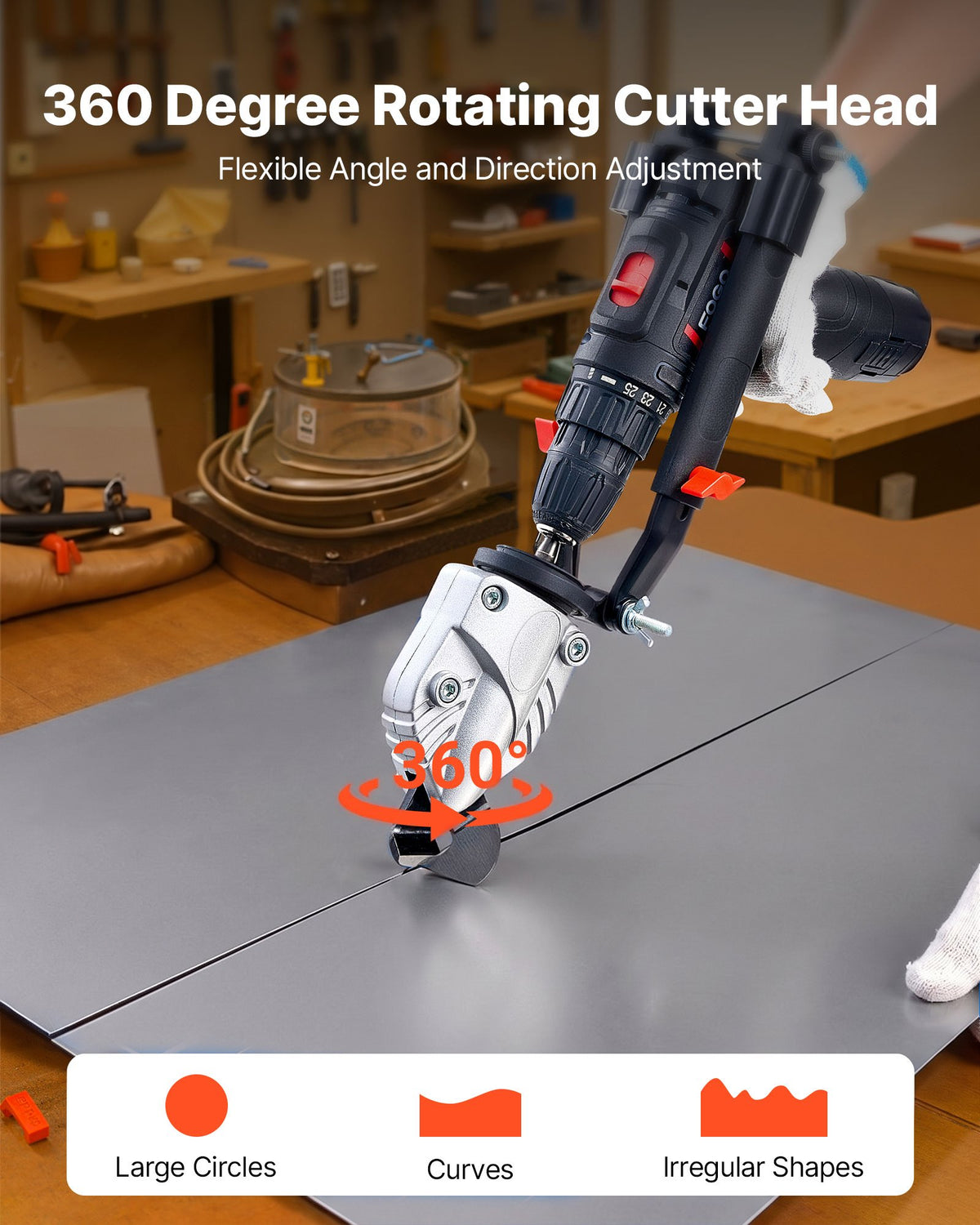 VEVOR Metal Shear/Cutter Drill Attachment, Sheet Metal Cutter with 360-Degree Pivoting Head, Sharp Blades,Ideal for 1.22 mm Galvanized Steel, 1 mm Stainless Steel, Aluminum Plate, Plastic, Cardboard
