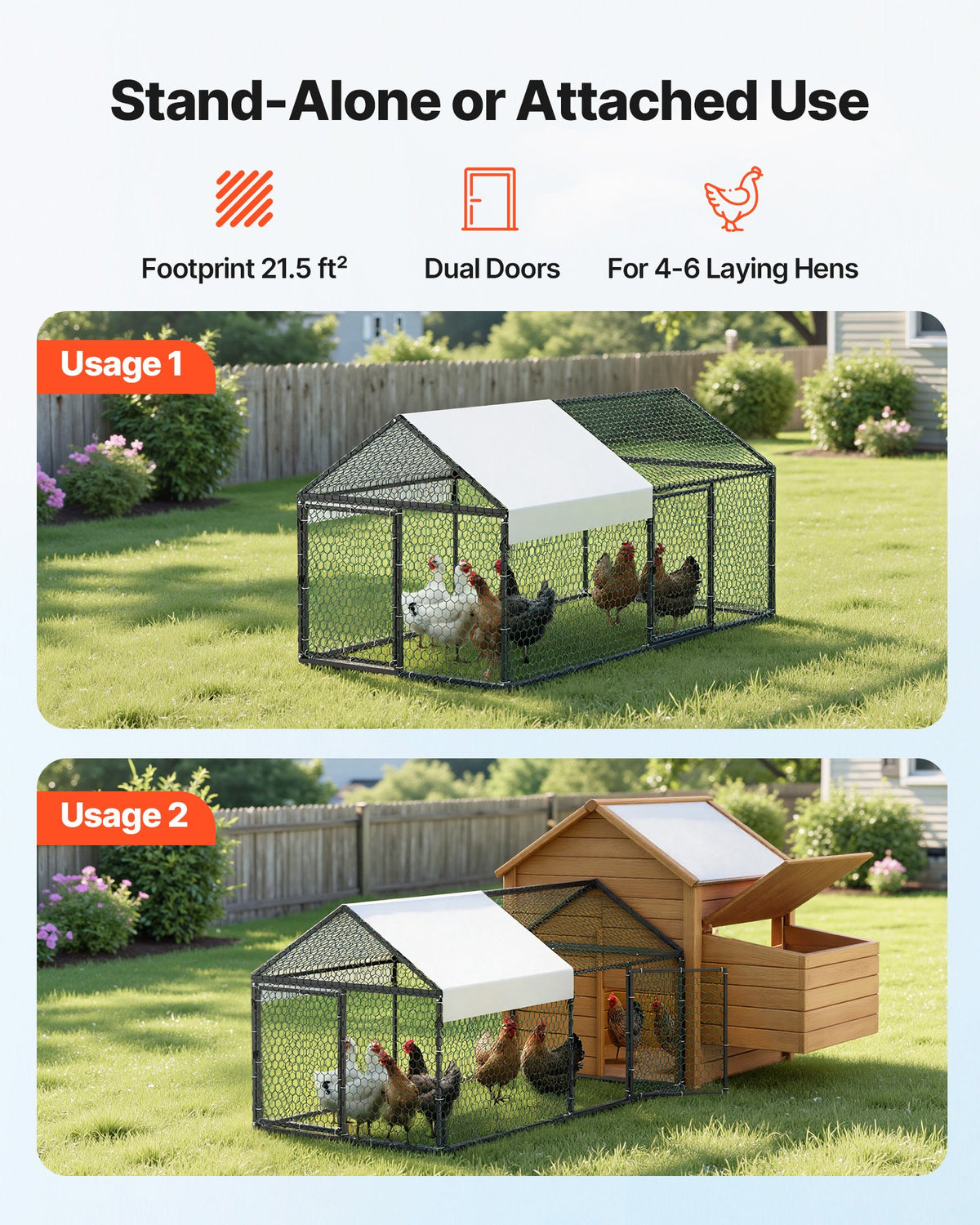 VEVOR Metal Chicken Coop for 4-6 Chickens, 1 x 2 x 1 m, Small Chicken Cage with Waterproof Cover & Double Doors, Spire Roof Poultry Run Compatible with Wooden Coops, for Rabbit Hen Goose Duck Outdoor
