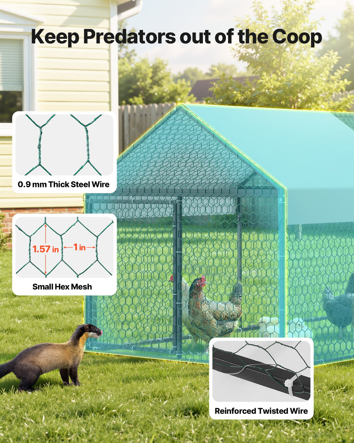 VEVOR Metal Chicken Coop for 4-6 Chickens, 1 x 2 x 1 m, Small Chicken Cage with Waterproof Cover & Double Doors, Spire Roof Poultry Run Compatible with Wooden Coops, for Rabbit Hen Goose Duck Outdoor