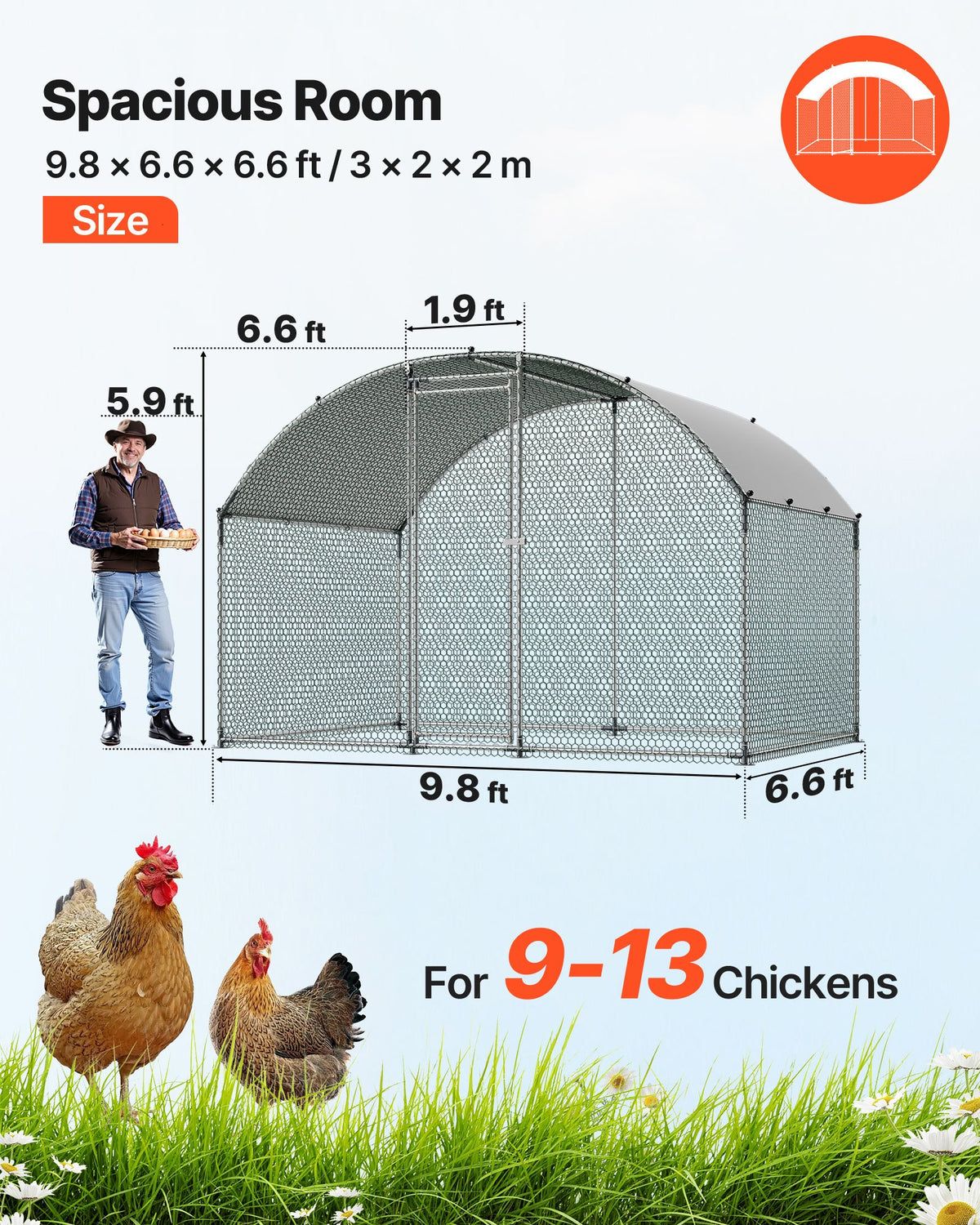 VEVOR Metal Chicken Coop, 9.8x6.5x6.5ft Large Walk-in Chicken Runs with Cover, Doom Roof Hen House Enclosure with Security Lock, Outdoor Duck Rabbit Cage Poultry Pen for Backyard, Farm, Yard