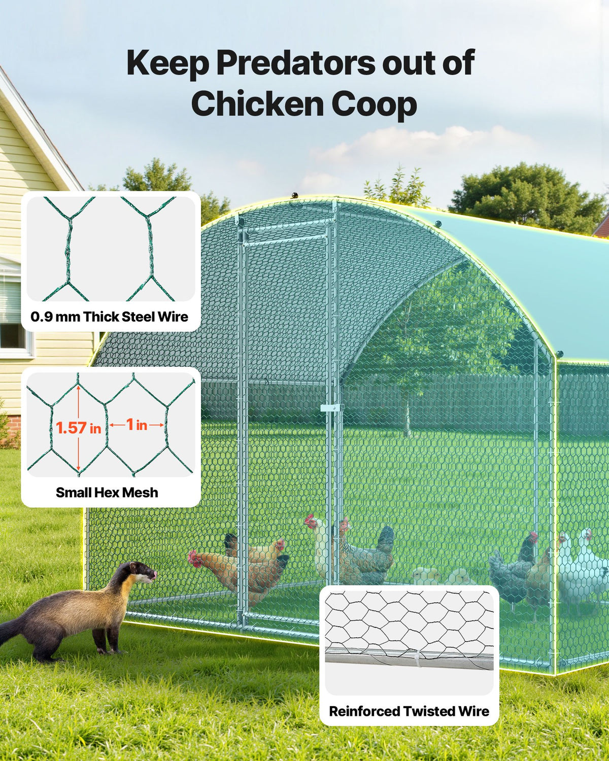 VEVOR Metal Chicken Coop, 9.8x6.5x6.5ft Large Walk-in Chicken Runs with Cover, Doom Roof Hen House Enclosure with Security Lock, Outdoor Duck Rabbit Cage Poultry Pen for Backyard, Farm, Yard