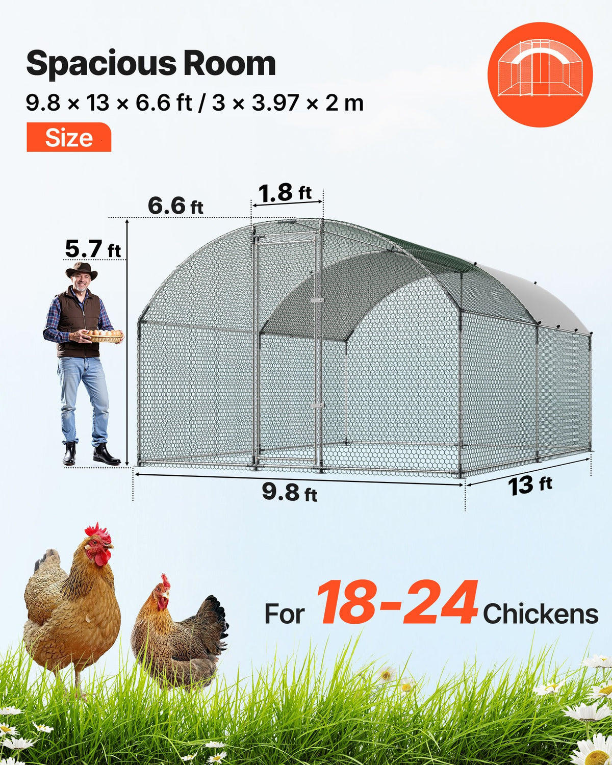 VEVOR Large Metal Chicken Coop 3 x 3.97 x 2 m Walk-in Chicken Run House, Doom Roof Hen House Enclosure with Cover and Security Lock, Outdoor Duck Rabbit Cage Poultry Pen for Backyard, Farm, Yard Use