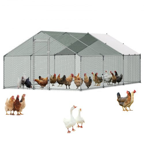 VEVOR Large Metal Chicken Coop 3 x 5.95 x 2 m Walk-in Chicken Run House, Spire Roof Hen House Enclosure with Cover and Security Lock, Outdoor Duck Rabbit Cage Poultry Pen for Backyard, Farm, Yard