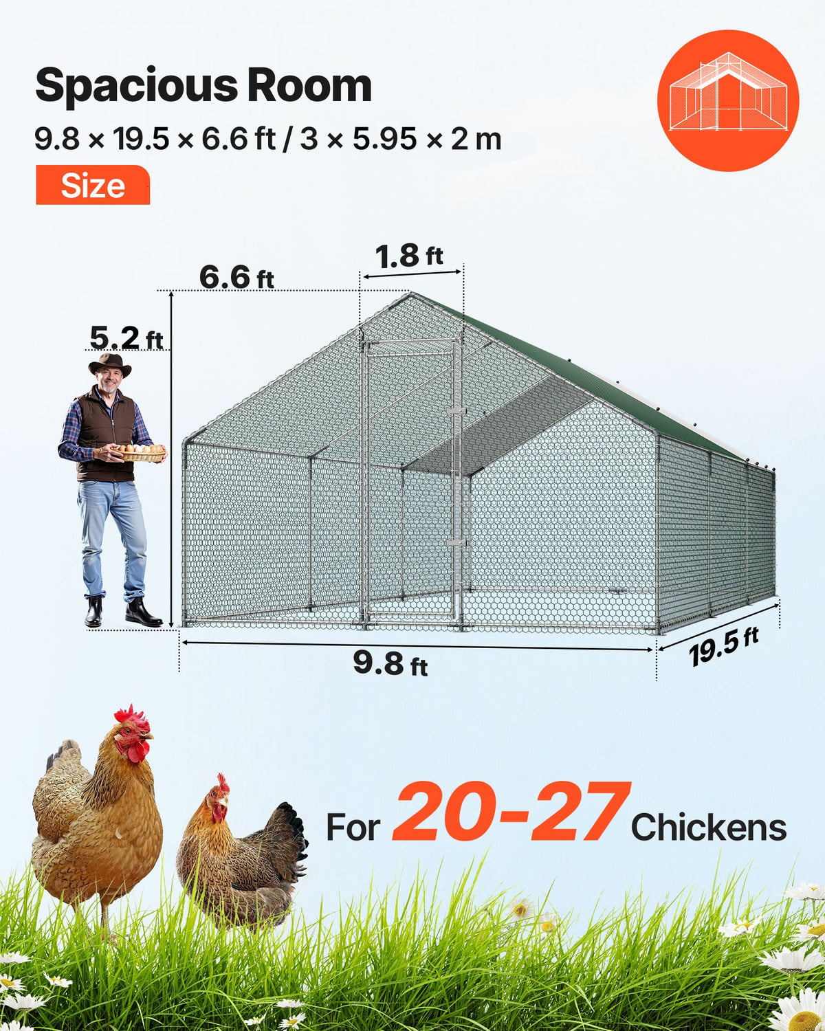VEVOR Large Metal Chicken Coop 3 x 5.95 x 2 m Walk-in Chicken Run House, Spire Roof Hen House Enclosure with Cover and Security Lock, Outdoor Duck Rabbit Cage Poultry Pen for Backyard, Farm, Yard