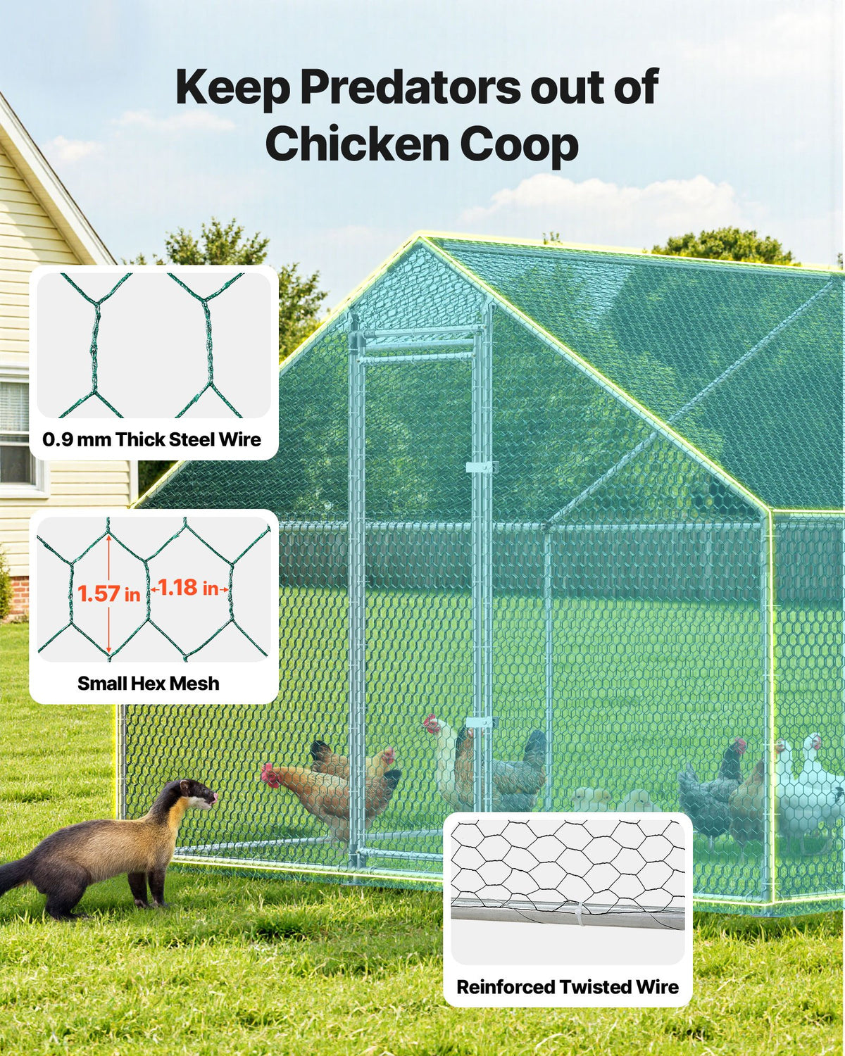 VEVOR Large Metal Chicken Coop 3 x 5.95 x 2 m Walk-in Chicken Run House, Spire Roof Hen House Enclosure with Cover and Security Lock, Outdoor Duck Rabbit Cage Poultry Pen for Backyard, Farm, Yard