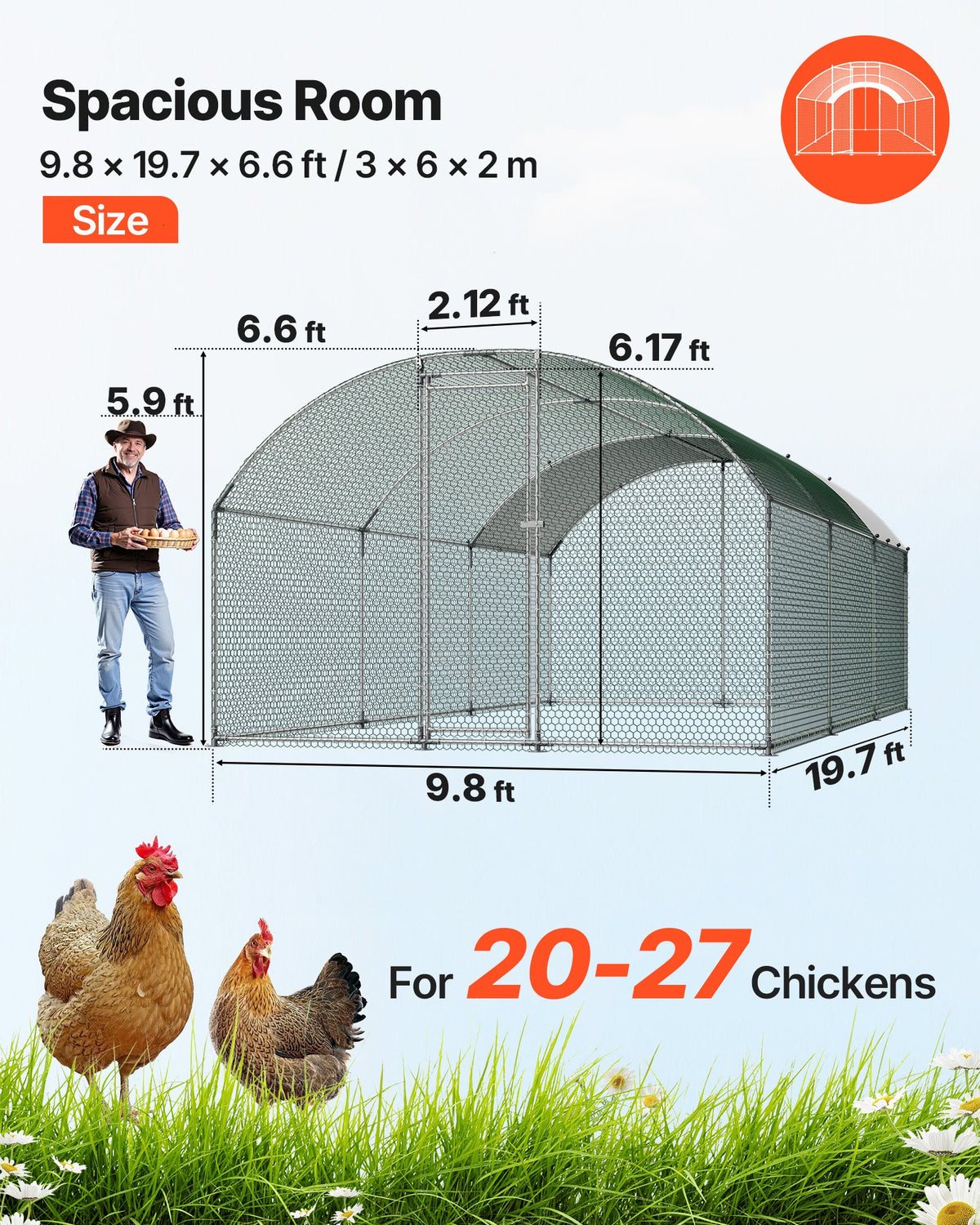 VEVOR Large Metal Chicken Coop, 3 x 6 x 2 m, Walk-in Chicken Runs with Waterproof Cover, Dome Roof Hen House Enclosure with Lock, Outdoor Duck Rabbit Cage Poultry Pen for Backyard, Farm, Yard Use