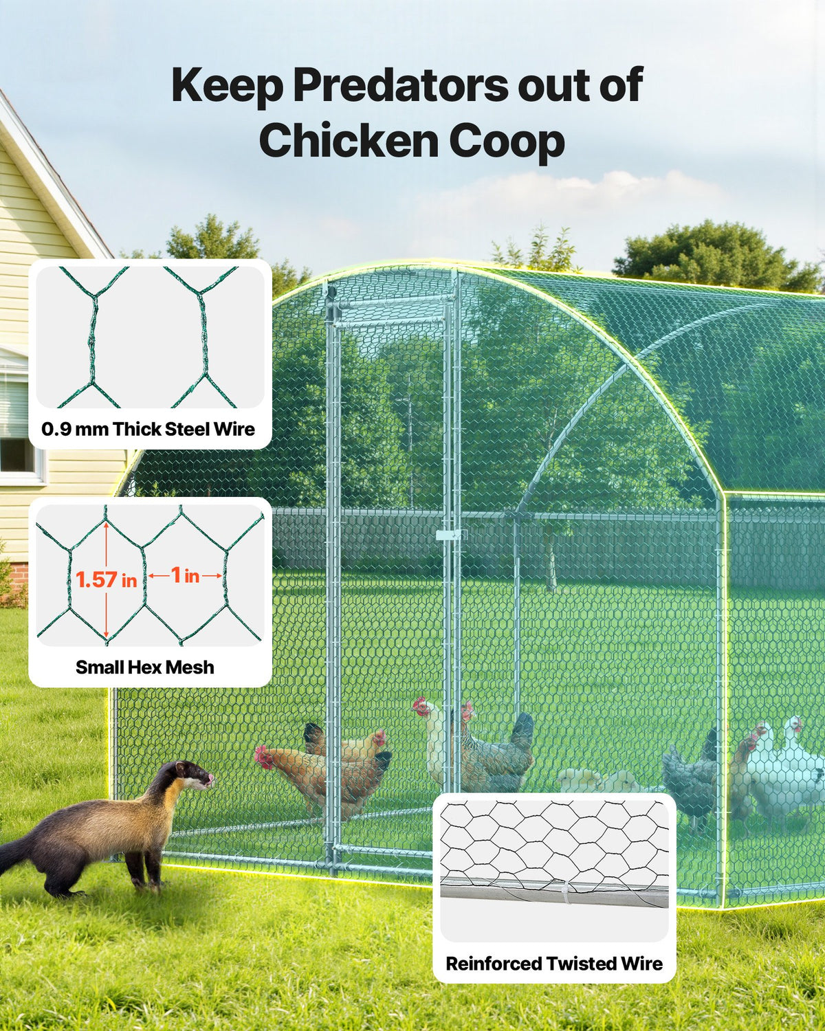 VEVOR Large Metal Chicken Coop, 3 x 6 x 2 m, Walk-in Chicken Runs with Waterproof Cover, Dome Roof Hen House Enclosure with Lock, Outdoor Duck Rabbit Cage Poultry Pen for Backyard, Farm, Yard Use