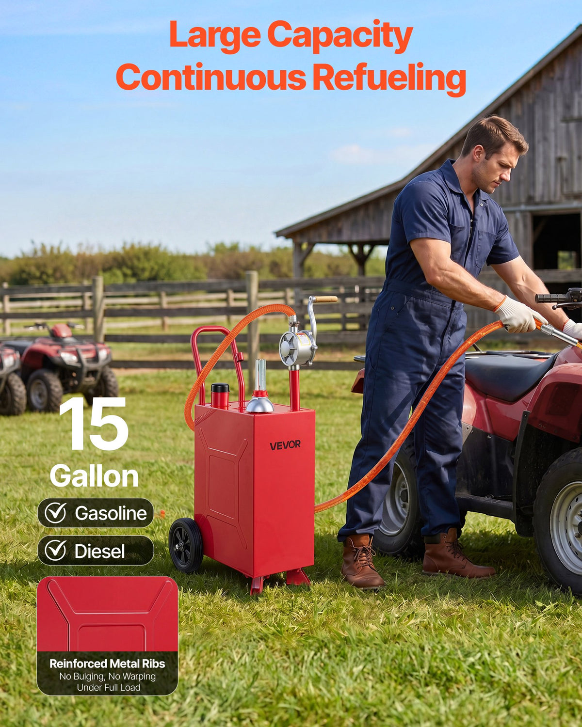 VEVOR 56.8L Fuel Gas Caddy, Carbon Steel, Portable Fuel Transfer Storage Tank with Manual Pump & Rolling Wheels, Gasoline Diesel Can Container, for Cars, Lawn Mowers, ATVs, Boats, Motorcycles, Red