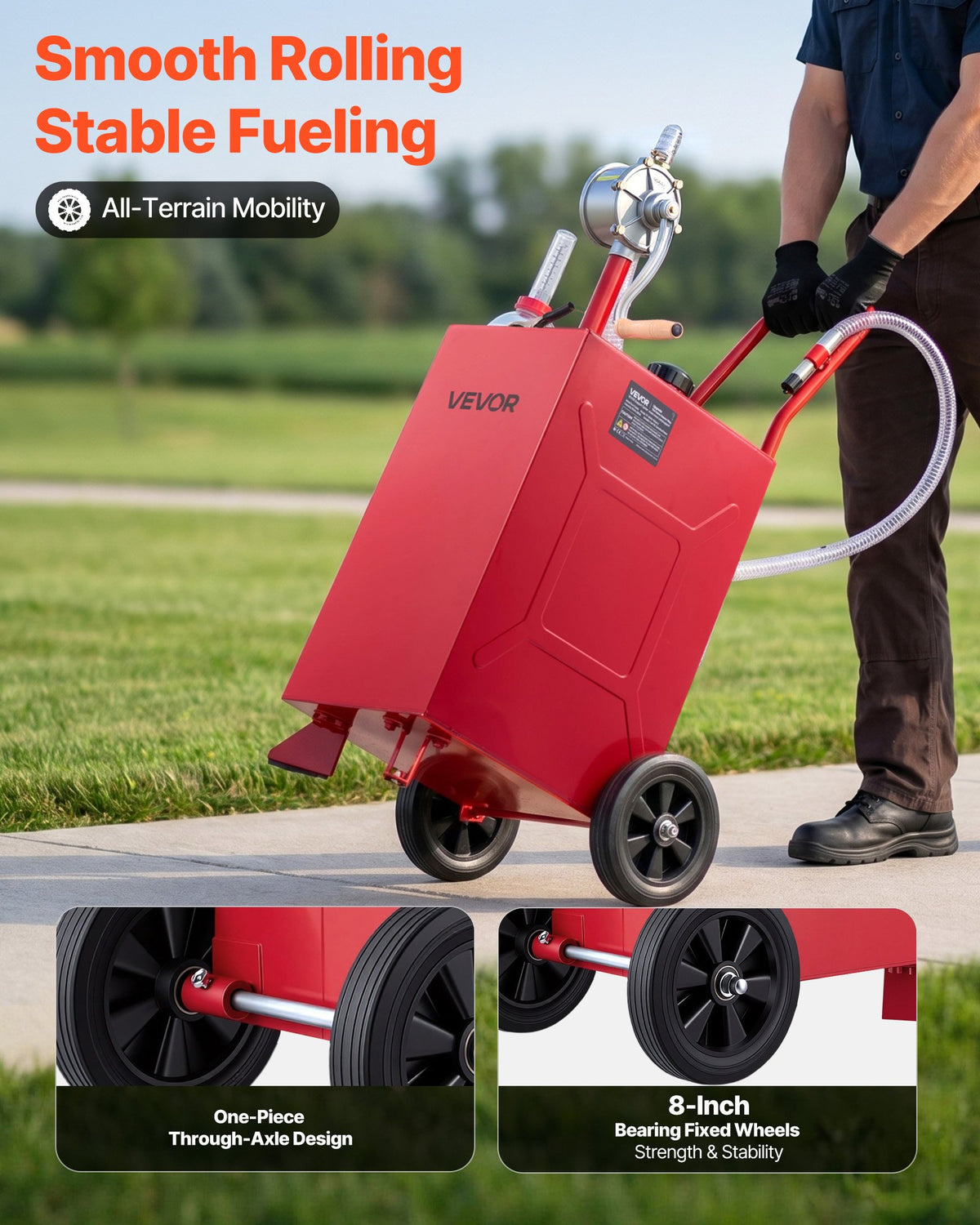 VEVOR 56.8L Fuel Gas Caddy, Carbon Steel, Portable Fuel Transfer Storage Tank with Manual Pump & Rolling Wheels, Gasoline Diesel Can Container, for Cars, Lawn Mowers, ATVs, Boats, Motorcycles, Red