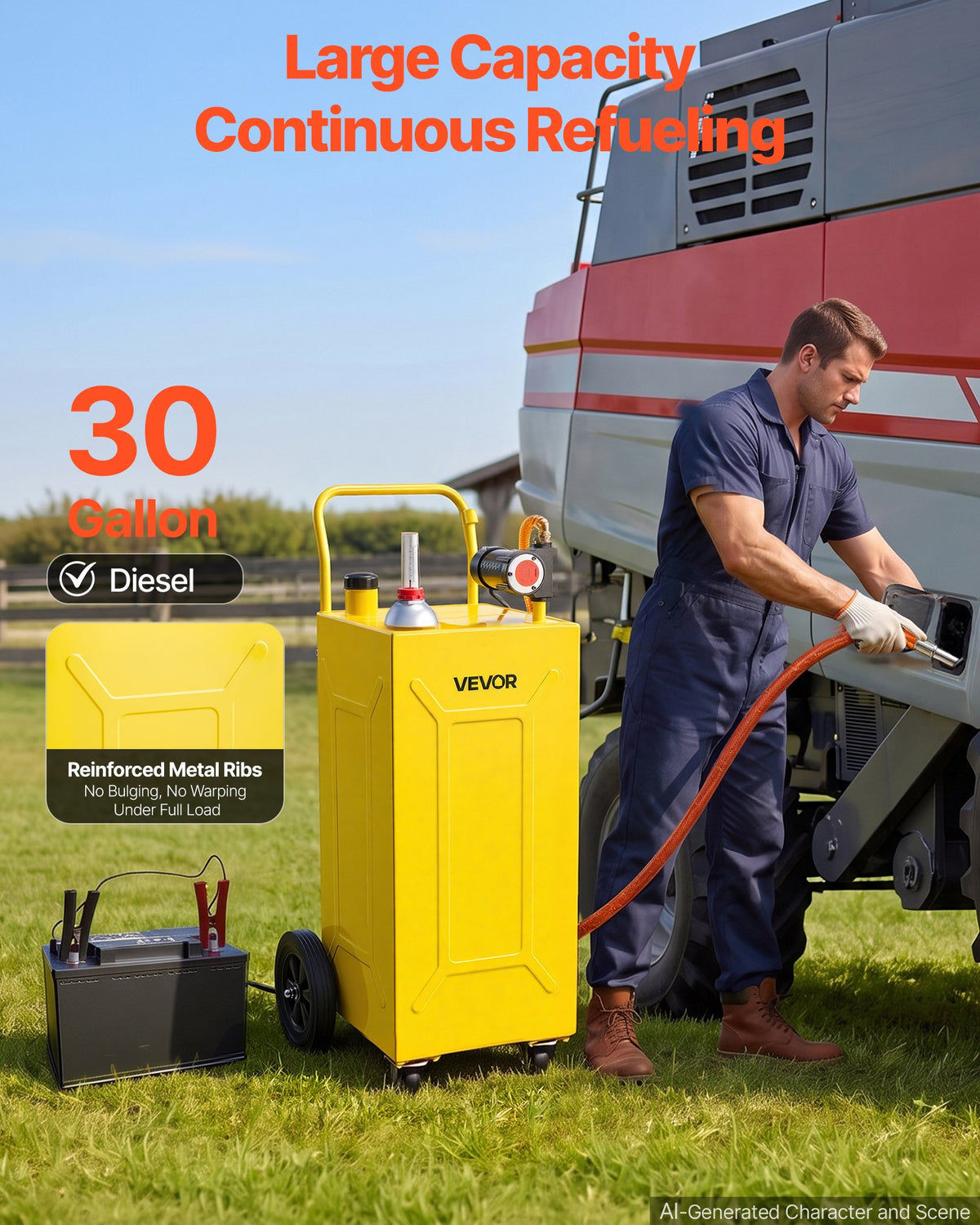 VEVOR 113.6L Diesel Caddy, Carbon Steel, Portable Diesel Transfer Storage Tank with Electric Pump & 4 Rolling Wheels, Transfer Can Container, for Tractors, Forklifts, Loaders, Farm Equipment, Yellow