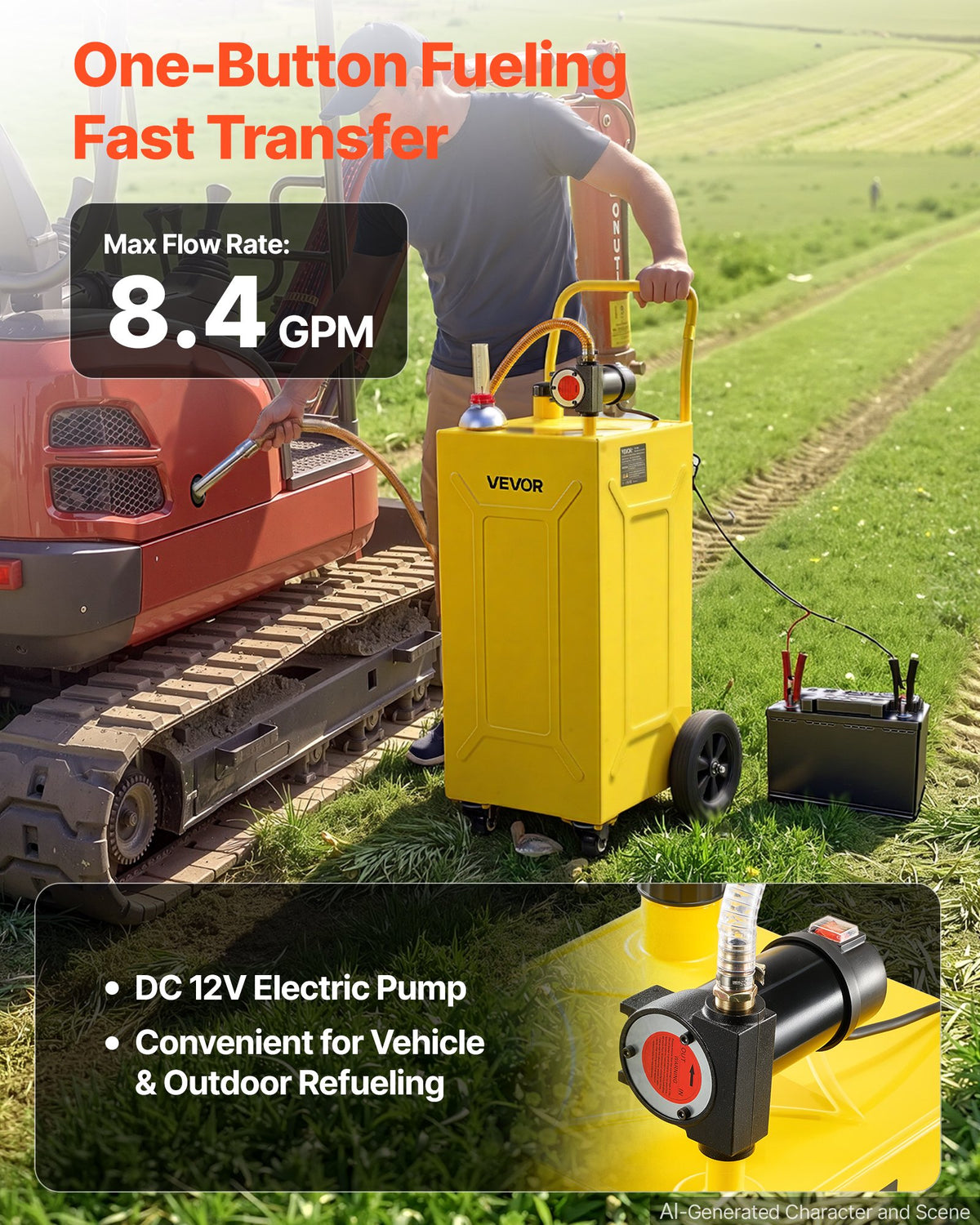 VEVOR 113.6L Diesel Caddy, Carbon Steel, Portable Diesel Transfer Storage Tank with Electric Pump & 4 Rolling Wheels, Transfer Can Container, for Tractors, Forklifts, Loaders, Farm Equipment, Yellow