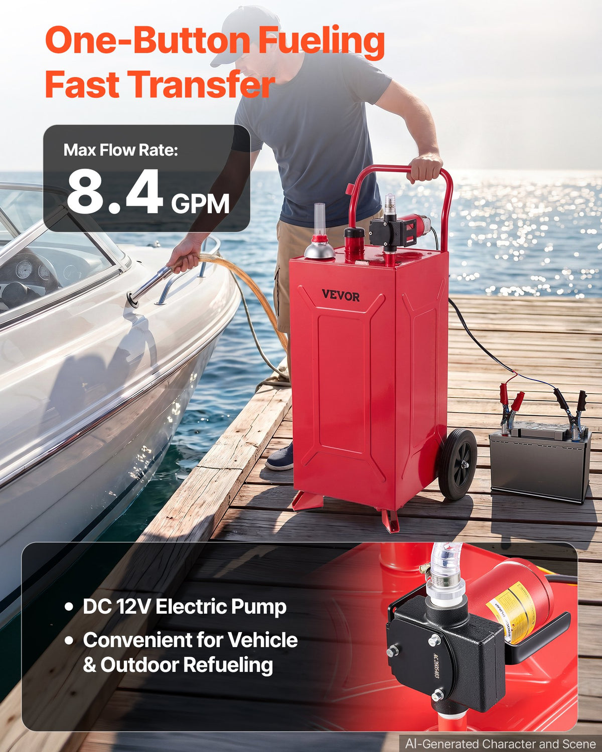 VEVOR 113.6L Fuel Gas Caddy, Carbon Steel, Portable Fuel Transfer Storage Tank with Electric Pump and 2 Wheels, Gasoline Diesel Can Container, for Cars, Lawn Mowers, ATVs, Boats, Motorcycles, Red