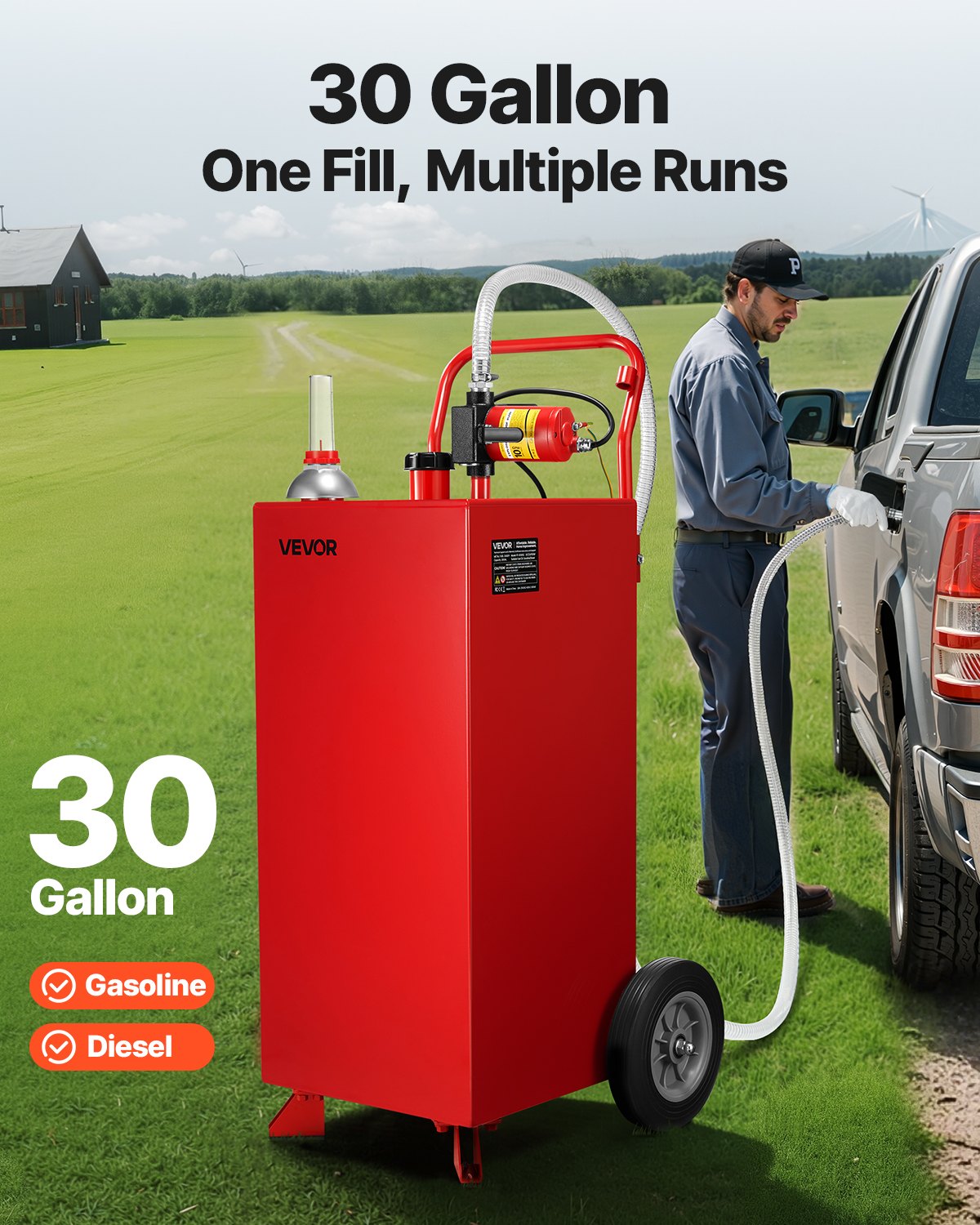VEVOR 30 Gallon Fuel Caddy, Max Flow 32L/min, Gasoline & Diesel Fuel Tank with Electric Pump, Portable Fuel Storage Tank with 2 Wheels & 10 ft Hose, Gas Caddy for ATV Car Mowers Boat Motorcycle