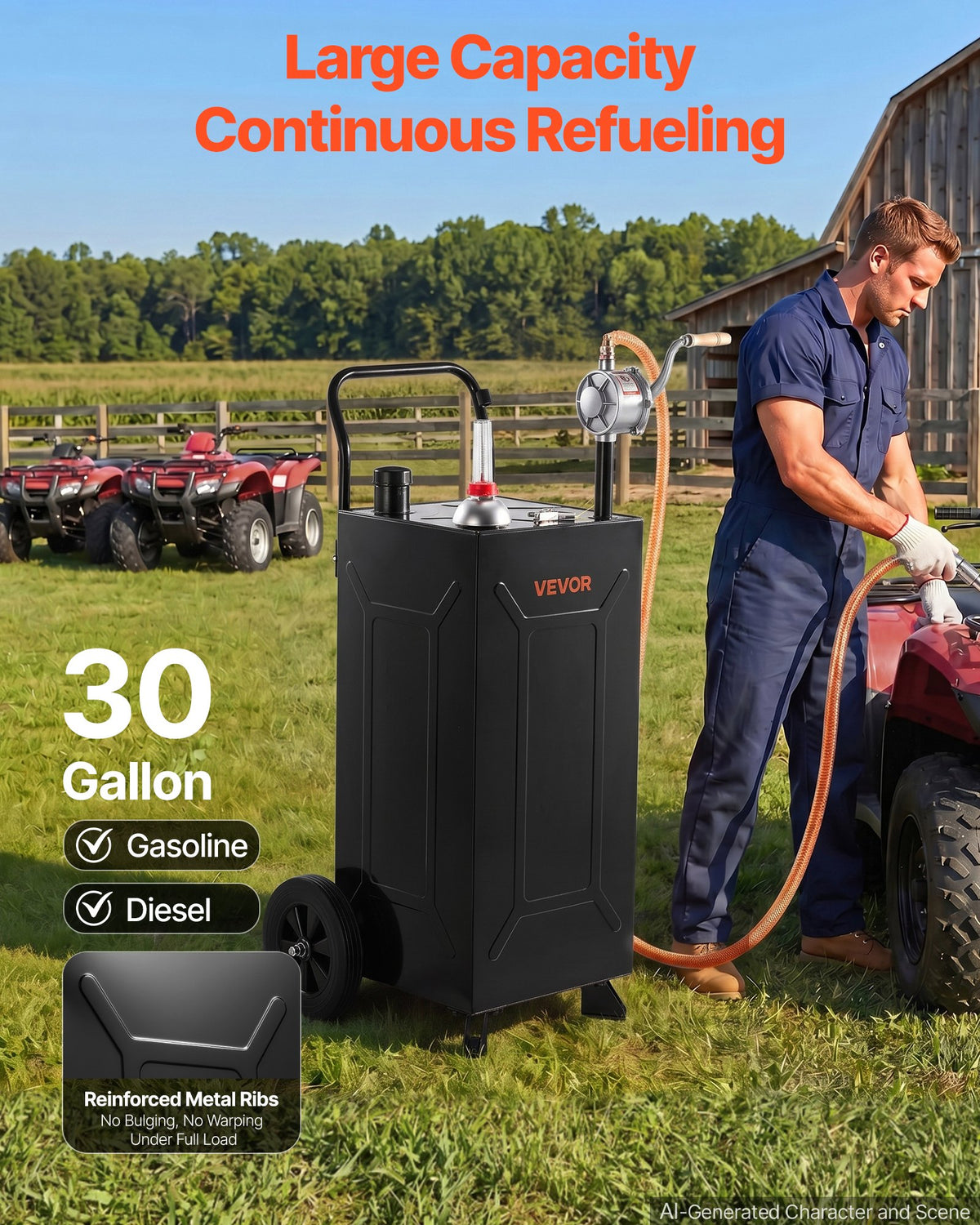 VEVOR 113.6L Fuel Gas Caddy, Carbon Steel, Portable Fuel Transfer Storage Tank with Manual Pump and 2 Wheels, Gasoline Diesel Can Container, for Cars, Lawn Mowers, ATVs, Boats, Motorcycles, Black
