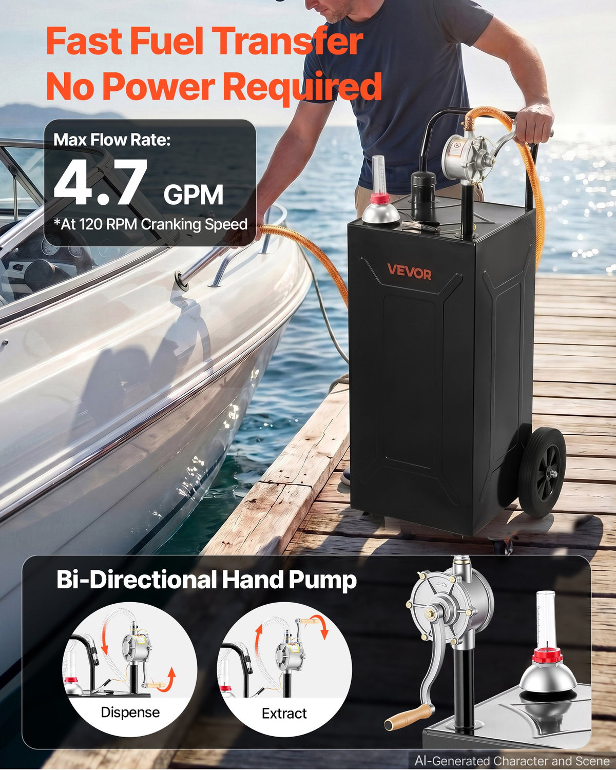 VEVOR 113.6L Fuel Gas Caddy, Carbon Steel, Portable Fuel Transfer Storage Tank with Manual Pump and 2 Wheels, Gasoline Diesel Can Container, for Cars, Lawn Mowers, ATVs, Boats, Motorcycles, Black