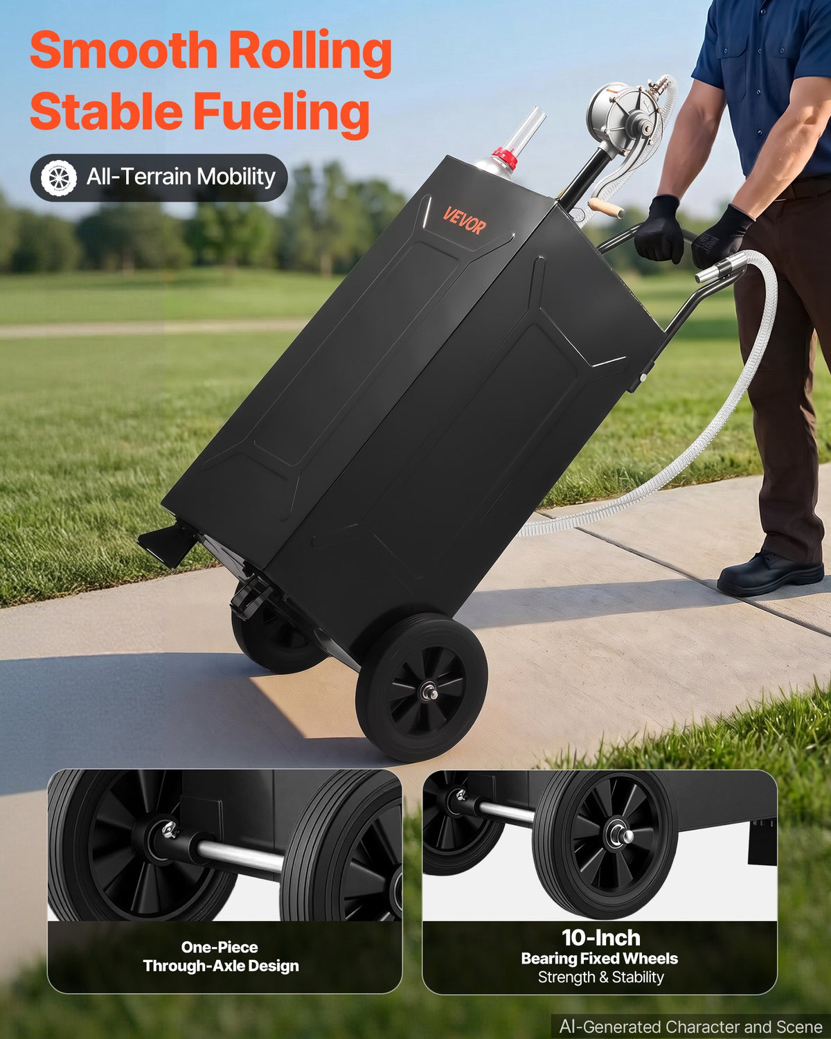 VEVOR 113.6L Fuel Gas Caddy, Carbon Steel, Portable Fuel Transfer Storage Tank with Manual Pump and 2 Wheels, Gasoline Diesel Can Container, for Cars, Lawn Mowers, ATVs, Boats, Motorcycles, Black