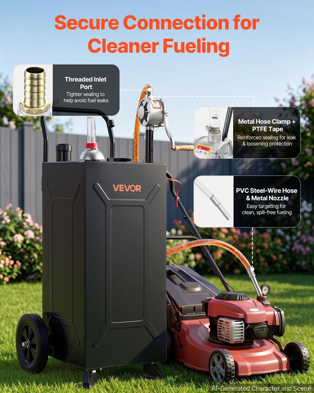 VEVOR 113.6L Fuel Gas Caddy, Carbon Steel, Portable Fuel Transfer Storage Tank with Manual Pump and 2 Wheels, Gasoline Diesel Can Container, for Cars, Lawn Mowers, ATVs, Boats, Motorcycles, Black