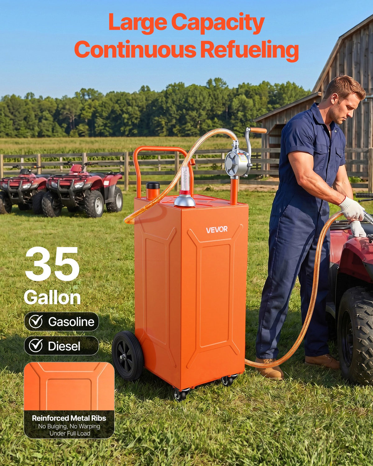 VEVOR 132.5L Fuel Gas Caddy, Carbon Steel, Portable Fuel Transfer Storage Tank with Manual Pump and 4 Wheels, Gasoline Diesel Can Container, for Cars, Lawn Mowers, ATVs, Boats, Motorcycles, Orange