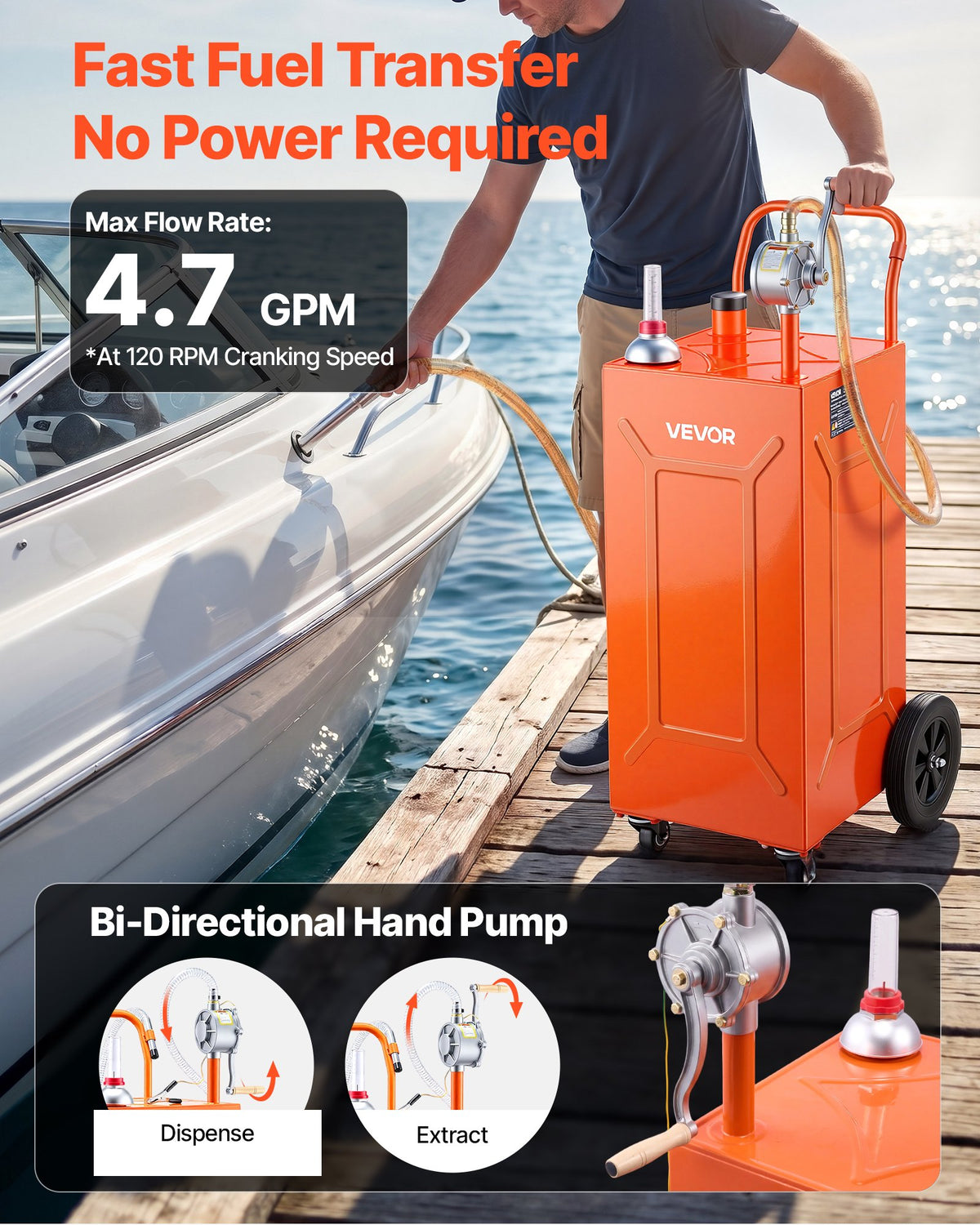 VEVOR 132.5L Fuel Gas Caddy, Carbon Steel, Portable Fuel Transfer Storage Tank with Manual Pump and 4 Wheels, Gasoline Diesel Can Container, for Cars, Lawn Mowers, ATVs, Boats, Motorcycles, Orange