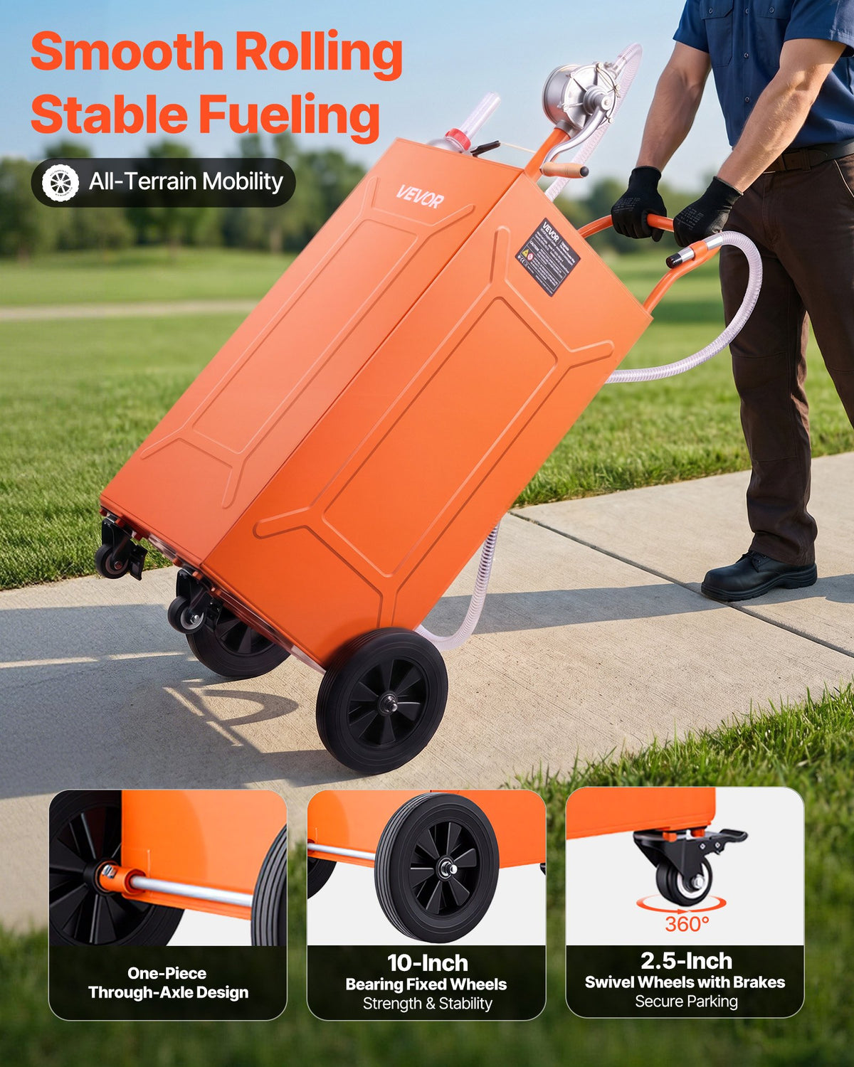VEVOR 132.5L Fuel Gas Caddy, Carbon Steel, Portable Fuel Transfer Storage Tank with Manual Pump and 4 Wheels, Gasoline Diesel Can Container, for Cars, Lawn Mowers, ATVs, Boats, Motorcycles, Orange