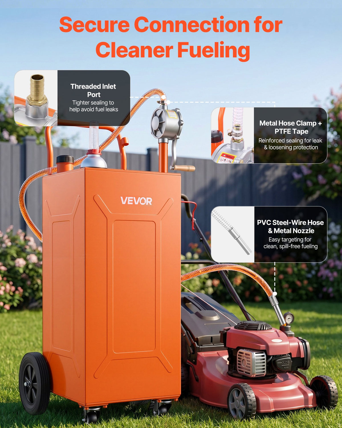 VEVOR 132.5L Fuel Gas Caddy, Carbon Steel, Portable Fuel Transfer Storage Tank with Manual Pump and 4 Wheels, Gasoline Diesel Can Container, for Cars, Lawn Mowers, ATVs, Boats, Motorcycles, Orange