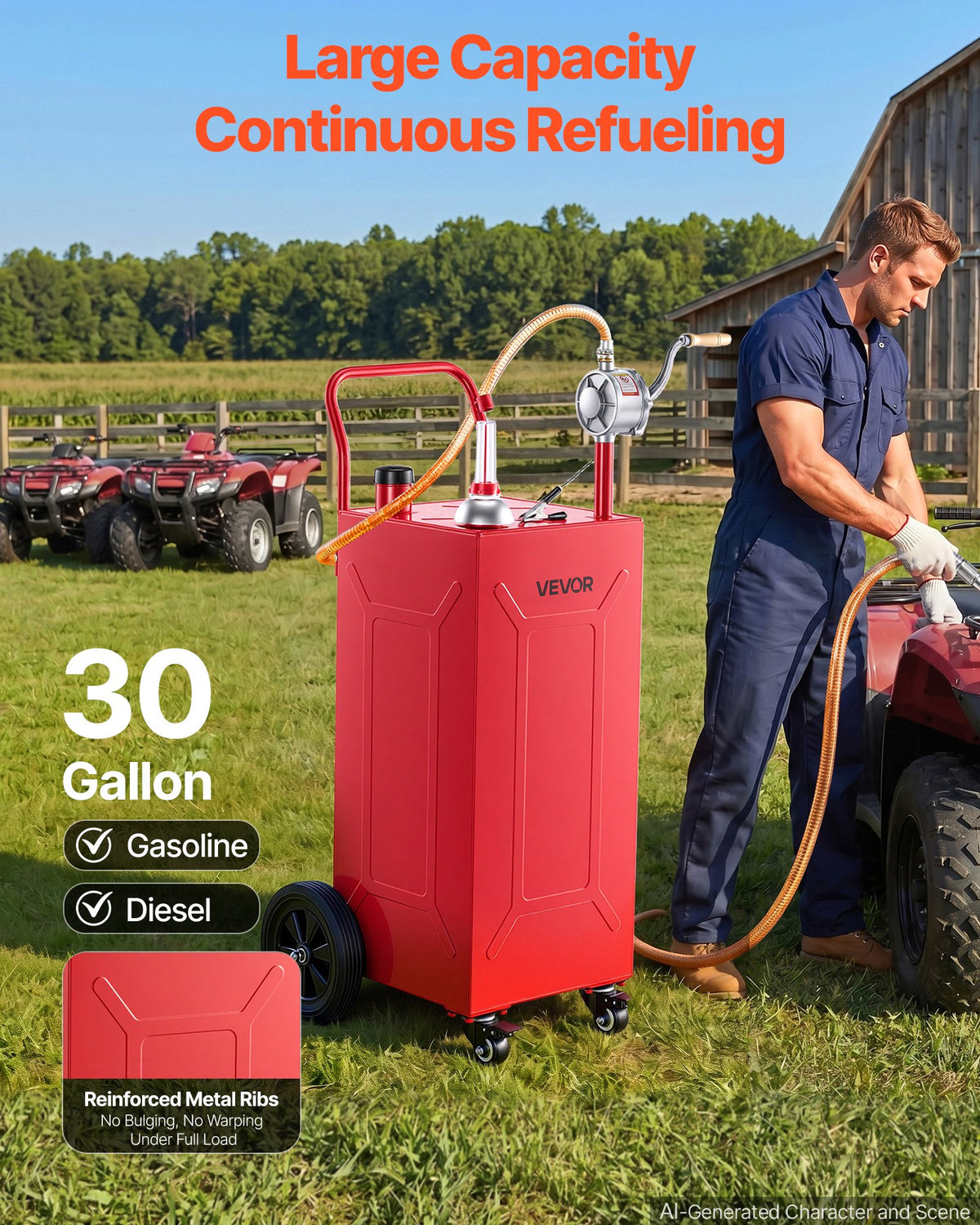 VEVOR 113.6L Fuel Gas Caddy, Carbon Steel, Portable Fuel Transfer Storage Tank with Manual Pump & 4 Rolling Wheels, Gasoline Diesel Can Container, for Cars, Lawn Mowers, ATVs, Boats, Motorcycles, Red