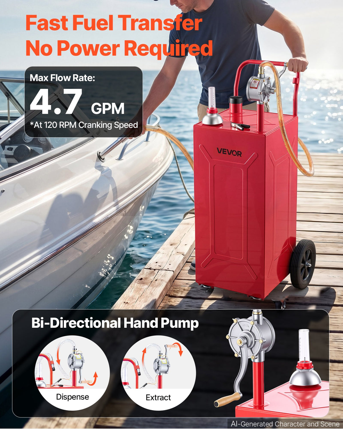 VEVOR 113.6L Fuel Gas Caddy, Carbon Steel, Portable Fuel Transfer Storage Tank with Manual Pump & 4 Rolling Wheels, Gasoline Diesel Can Container, for Cars, Lawn Mowers, ATVs, Boats, Motorcycles, Red