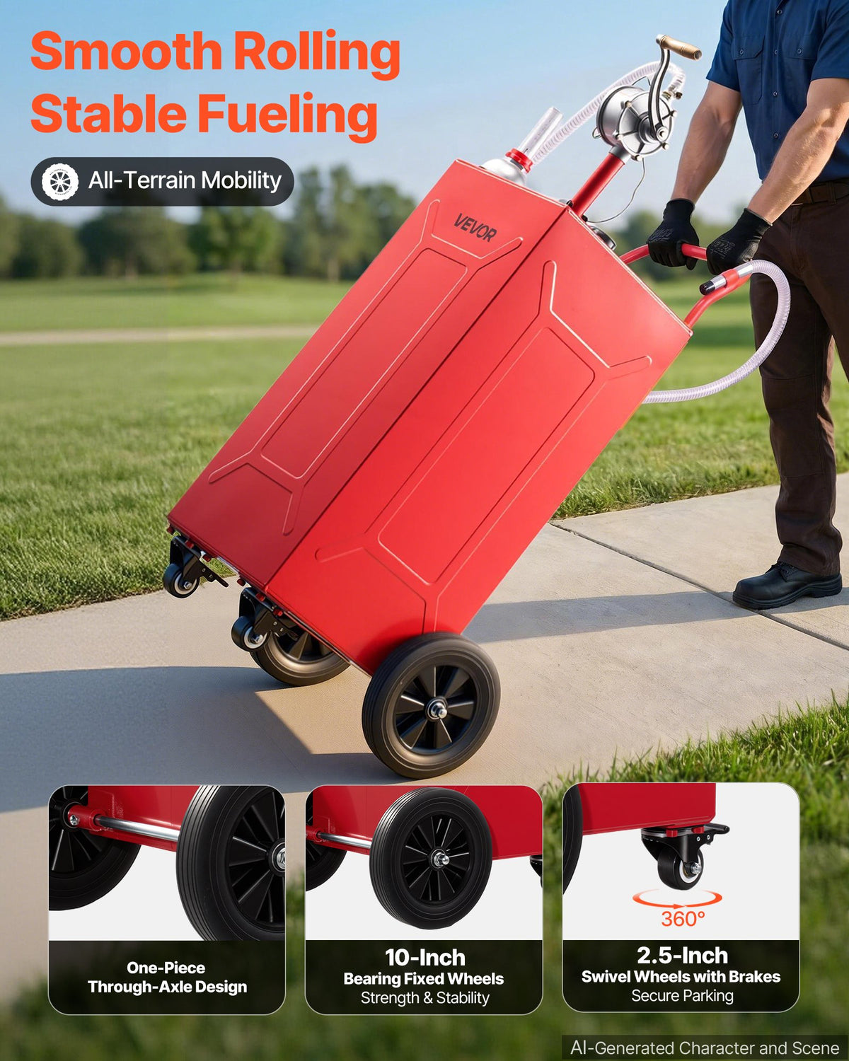 VEVOR 113.6L Fuel Gas Caddy, Carbon Steel, Portable Fuel Transfer Storage Tank with Manual Pump & 4 Rolling Wheels, Gasoline Diesel Can Container, for Cars, Lawn Mowers, ATVs, Boats, Motorcycles, Red
