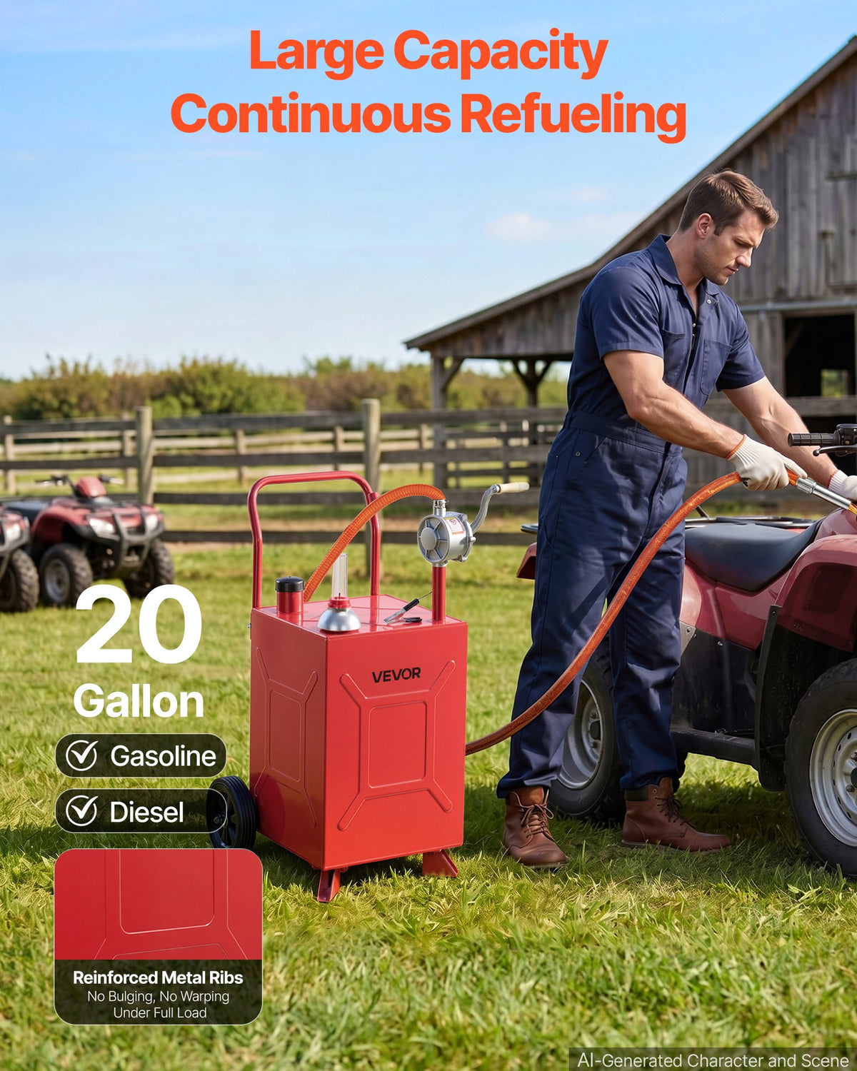VEVOR 75.7L Fuel Gas Caddy, Carbon Steel, Portable Fuel Transfer Storage Tank with Manual Pump & Rolling Wheels, Gasoline Diesel Can Container, for Cars, Lawn Mowers, ATVs, Boats, Motorcycles, Red