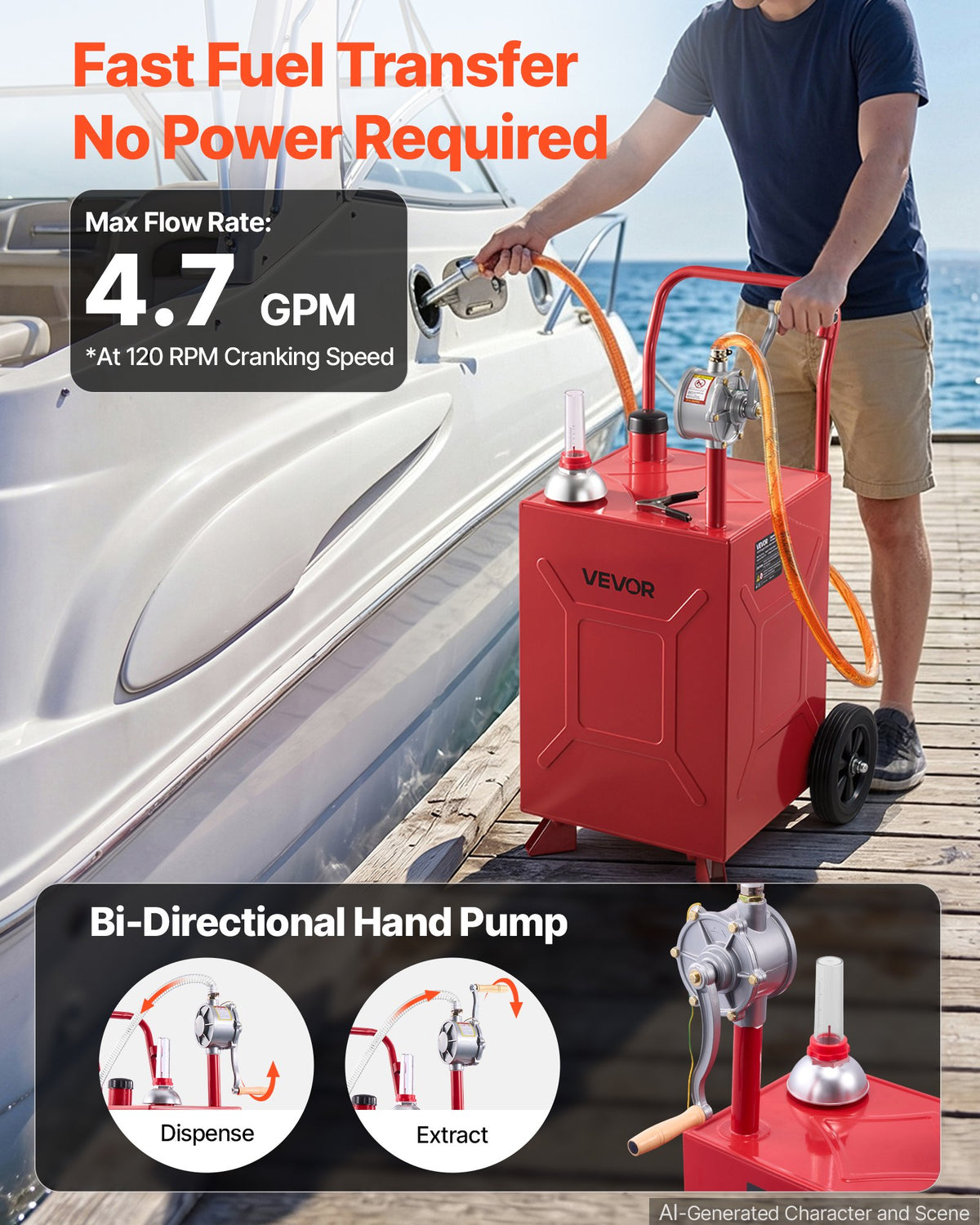 VEVOR 75.7L Fuel Gas Caddy, Carbon Steel, Portable Fuel Transfer Storage Tank with Manual Pump & Rolling Wheels, Gasoline Diesel Can Container, for Cars, Lawn Mowers, ATVs, Boats, Motorcycles, Red