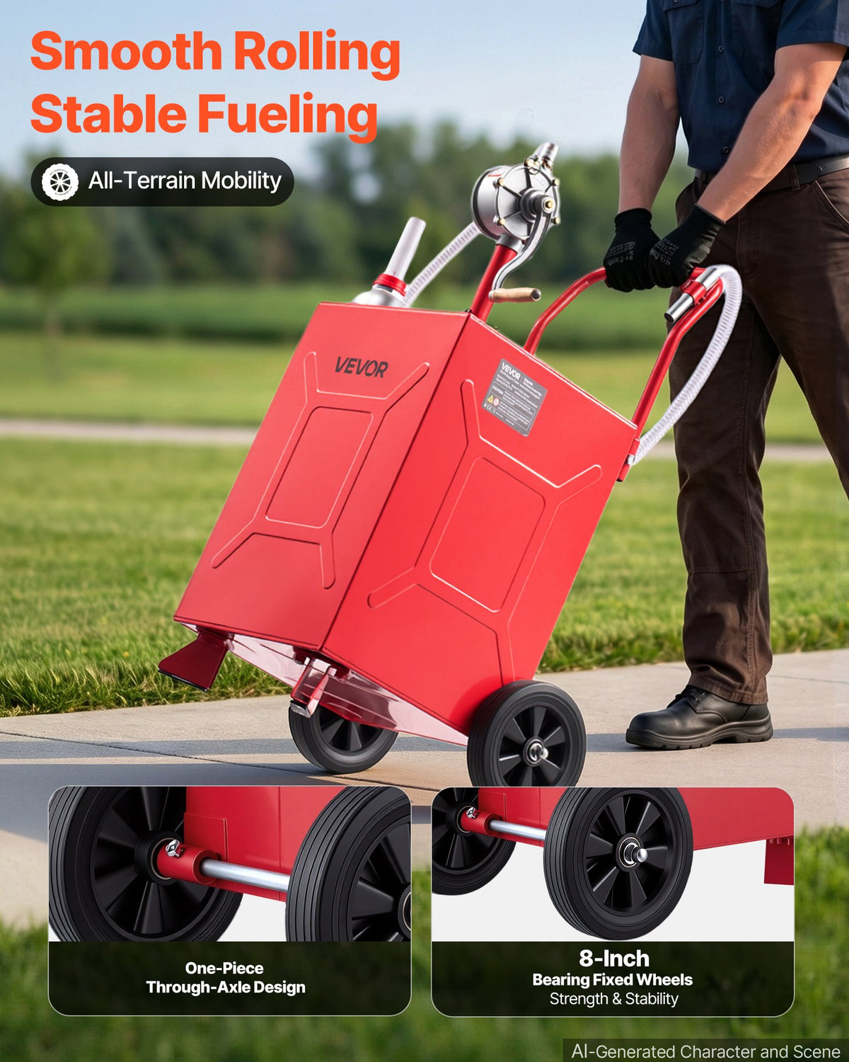 VEVOR 75.7L Fuel Gas Caddy, Carbon Steel, Portable Fuel Transfer Storage Tank with Manual Pump & Rolling Wheels, Gasoline Diesel Can Container, for Cars, Lawn Mowers, ATVs, Boats, Motorcycles, Red