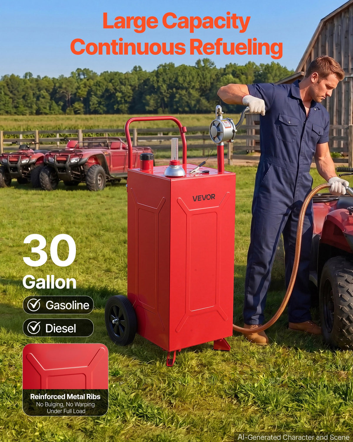 VEVOR 113.6L Fuel Gas Caddy, Carbon Steel, Portable Fuel Transfer Storage Tank with Manual Pump & 2 Rolling Wheels, Gasoline Diesel Can Container, for Cars, Lawn Mowers, ATVs, Boats, Motorcycles, Red