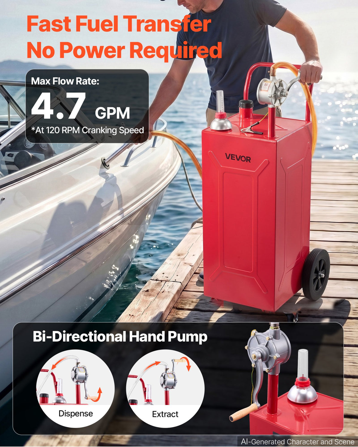VEVOR 113.6L Fuel Gas Caddy, Carbon Steel, Portable Fuel Transfer Storage Tank with Manual Pump & 2 Rolling Wheels, Gasoline Diesel Can Container, for Cars, Lawn Mowers, ATVs, Boats, Motorcycles, Red