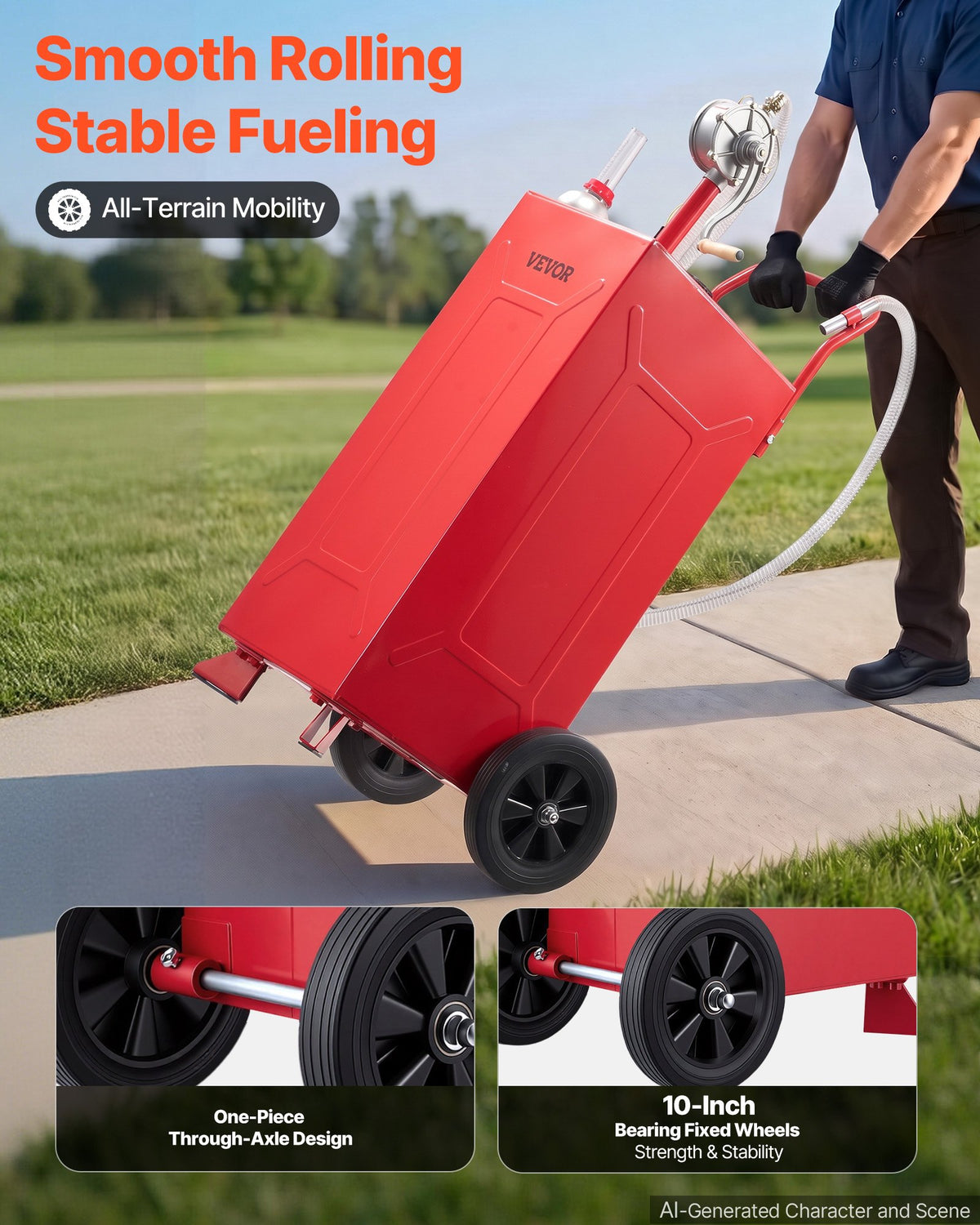 VEVOR 113.6L Fuel Gas Caddy, Carbon Steel, Portable Fuel Transfer Storage Tank with Manual Pump & 2 Rolling Wheels, Gasoline Diesel Can Container, for Cars, Lawn Mowers, ATVs, Boats, Motorcycles, Red