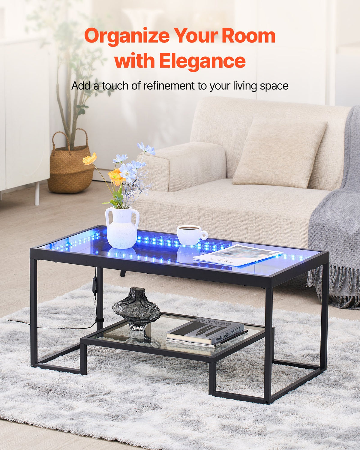 VEVOR Coffee Table, Modern Tempered Glass Coffee Table with Lighting, 2 Tiers Rectangle Glass Center Desk with Open Storage, Minimalist Metal Accent End Desk for Living Room, Office, Easy Assembly