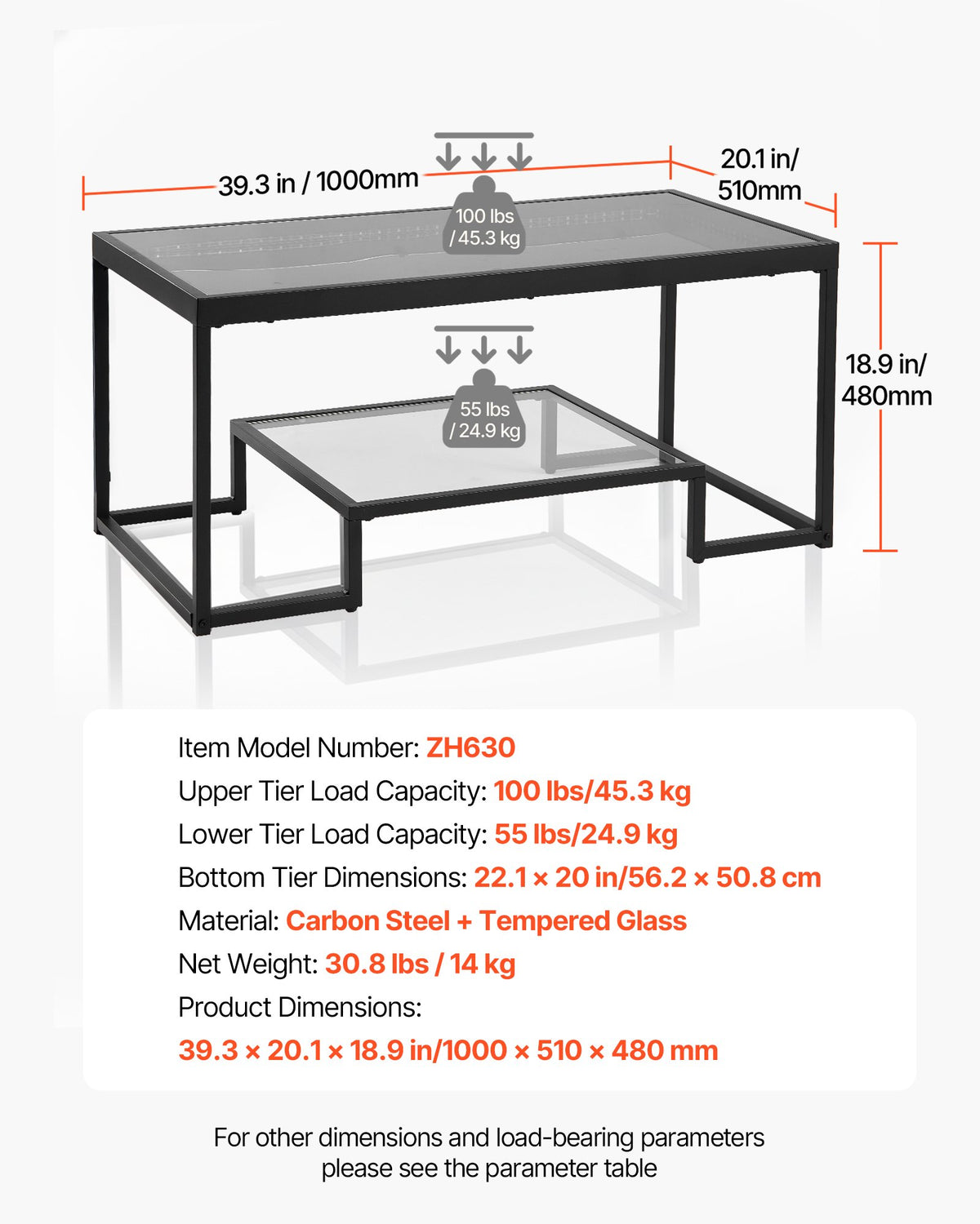 VEVOR Coffee Table, Modern Tempered Glass Coffee Table with Lighting, 2 Tiers Rectangle Glass Center Desk with Open Storage, Minimalist Metal Accent End Desk for Living Room, Office, Easy Assembly