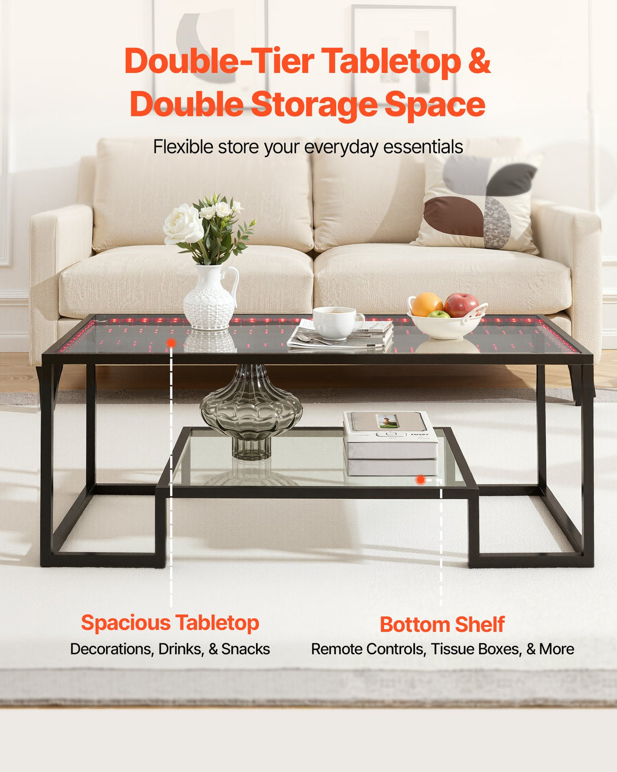 VEVOR Coffee Table, Modern Tempered Glass Coffee Table with Lighting, 2 Tiers Rectangle Glass Center Desk with Open Storage, Minimalist Metal Accent End Desk for Living Room, Office, Easy Assembly