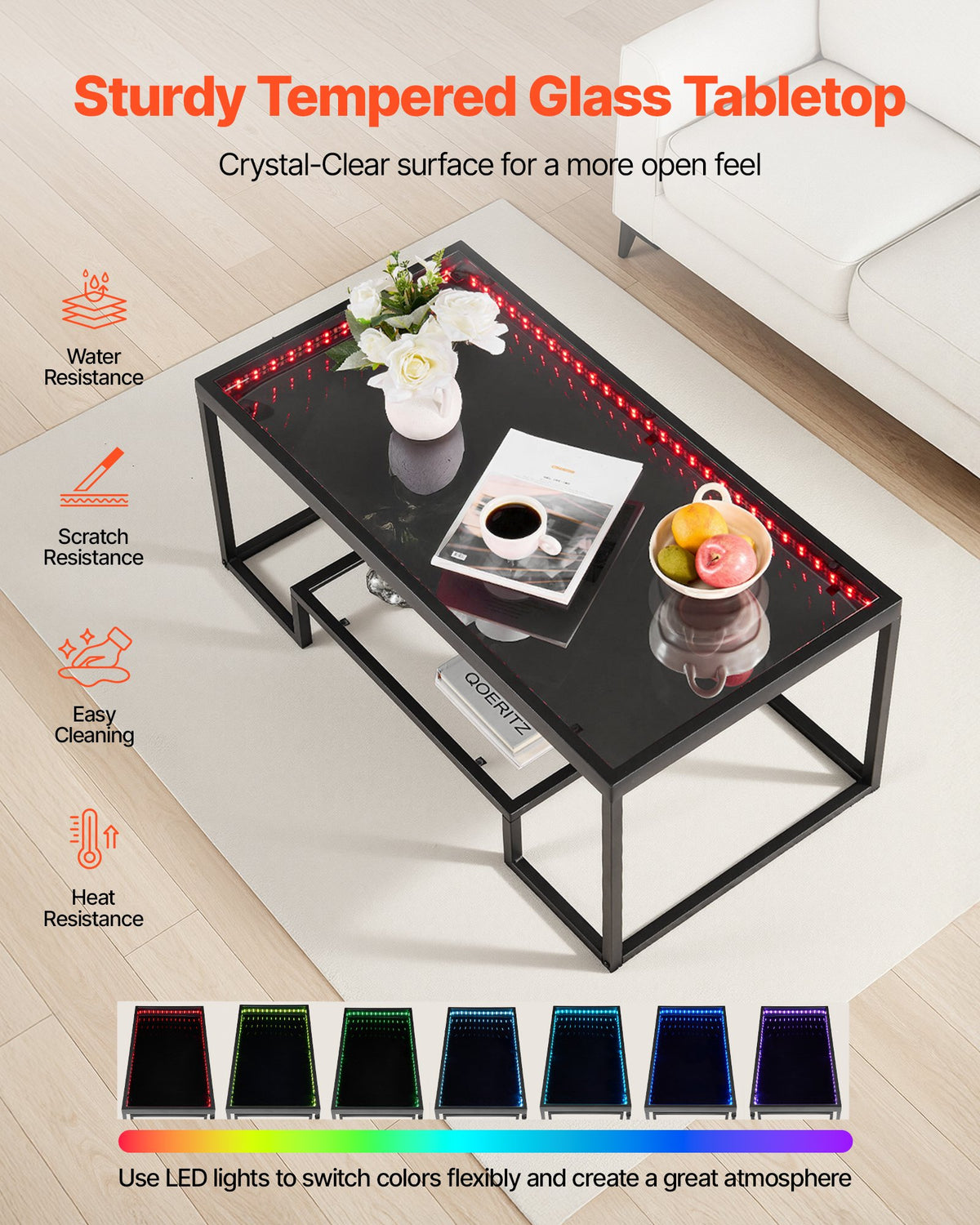 VEVOR Coffee Table, Modern Tempered Glass Coffee Table with Lighting, 2 Tiers Rectangle Glass Center Desk with Open Storage, Minimalist Metal Accent End Desk for Living Room, Office, Easy Assembly
