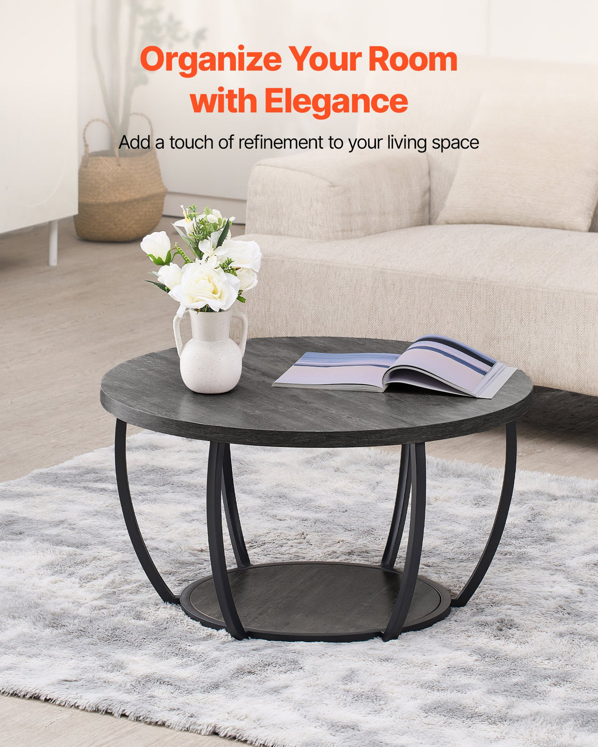 VEVOR Coffee Table, Modern Round Coffee Table, 2 Tiers Wooden Circle Center Desk with Open Storage, Minimalist Sturdy Metal Frame Accent End Desk for Living Room, Office, Easy Assembly, Grey
