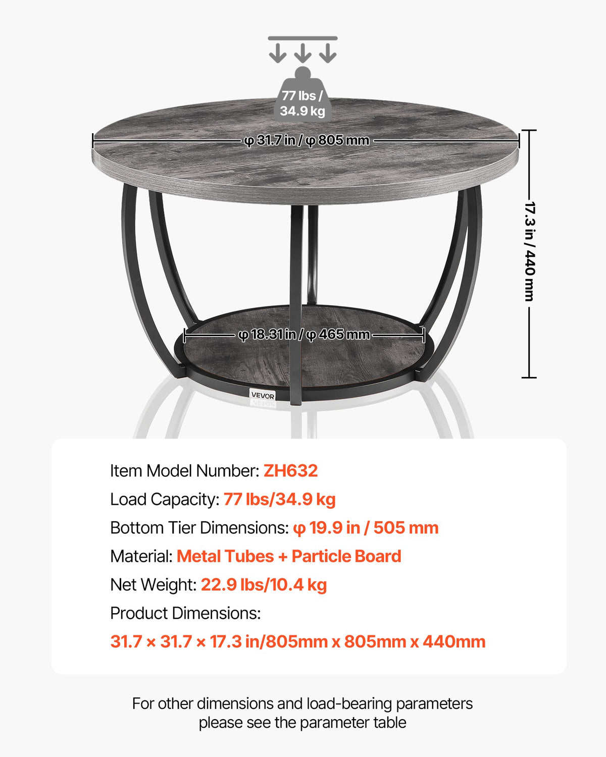 VEVOR Coffee Table, Modern Round Coffee Table, 2 Tiers Wooden Circle Center Desk with Open Storage, Minimalist Sturdy Metal Frame Accent End Desk for Living Room, Office, Easy Assembly, Grey