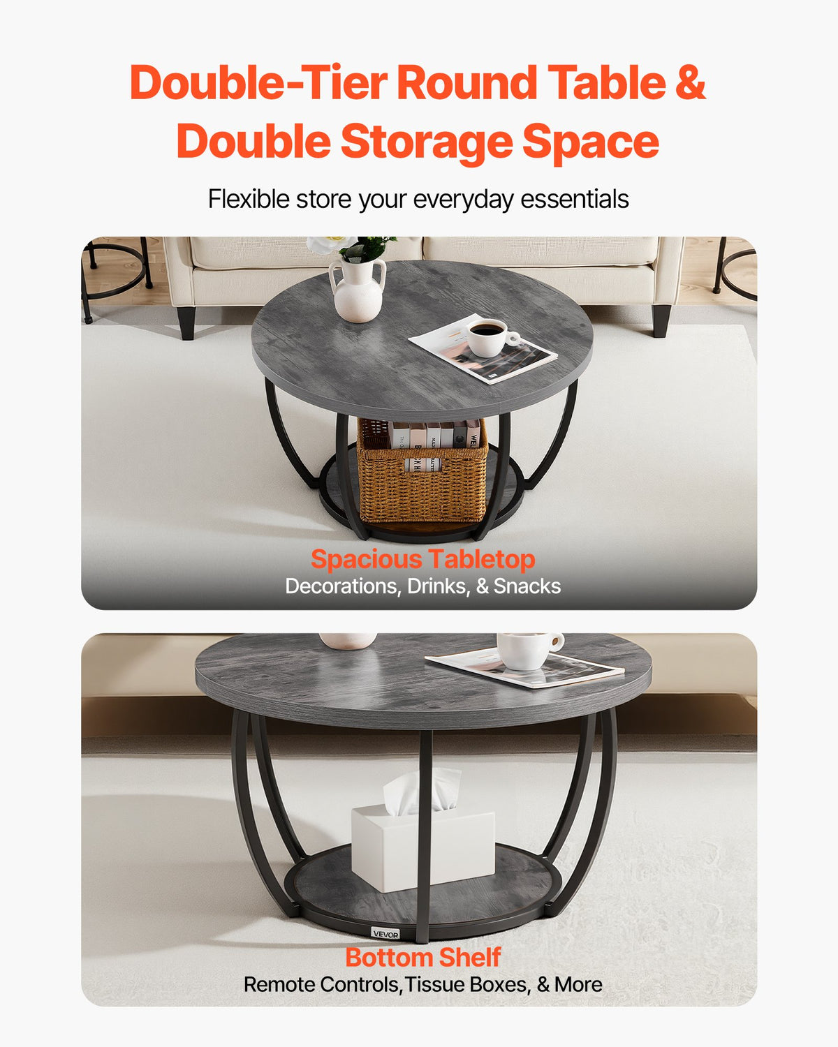 VEVOR Coffee Table, Modern Round Coffee Table, 2 Tiers Wooden Circle Center Desk with Open Storage, Minimalist Sturdy Metal Frame Accent End Desk for Living Room, Office, Easy Assembly, Grey