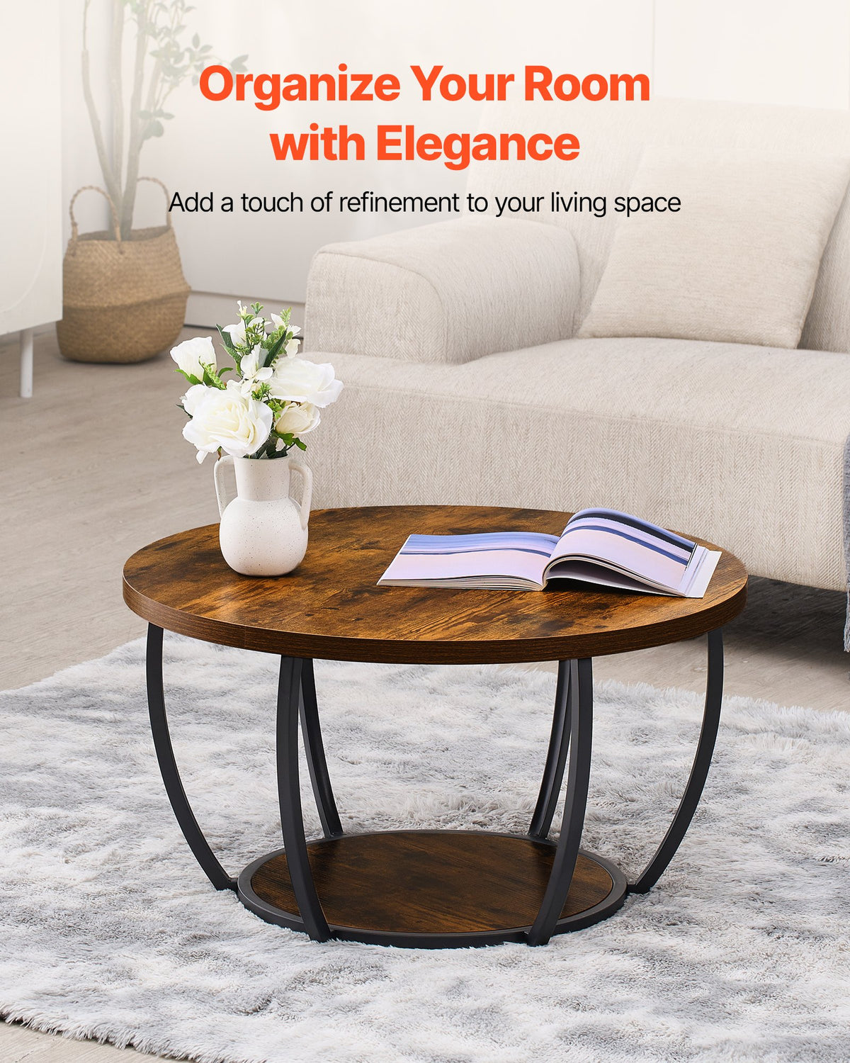 VEVOR Coffee Table, Modern Round Coffee Table, 2 Tiers Wooden Circle Center Desk with Open Storage, Minimalist Sturdy Metal Frame Accent End Desk for Living Room, Office, Easy Assembly, Rustic Brown
