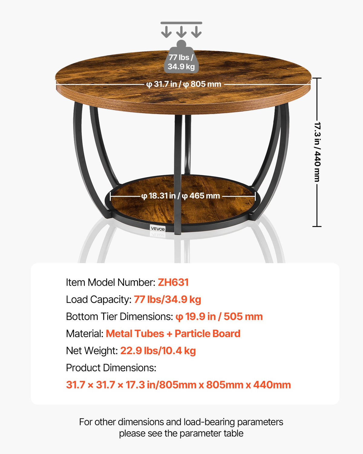 VEVOR Coffee Table, Modern Round Coffee Table, 2 Tiers Wooden Circle Center Desk with Open Storage, Minimalist Sturdy Metal Frame Accent End Desk for Living Room, Office, Easy Assembly, Rustic Brown