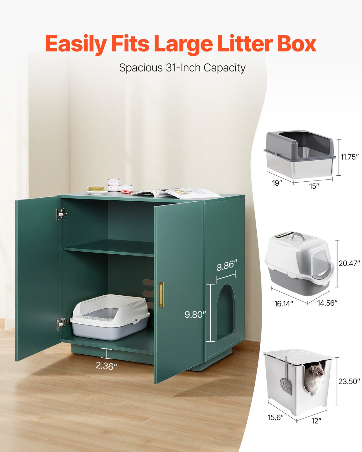 VEVOR Cat Litter Box Enclosure, 80 cm Hidden Litter Box Cabinet, Wooden Indoor Cat Washroom with Ventilated Holes, Double-Door Kitty Pet House Furniture, End Side Table Fit Most Litterboxes
