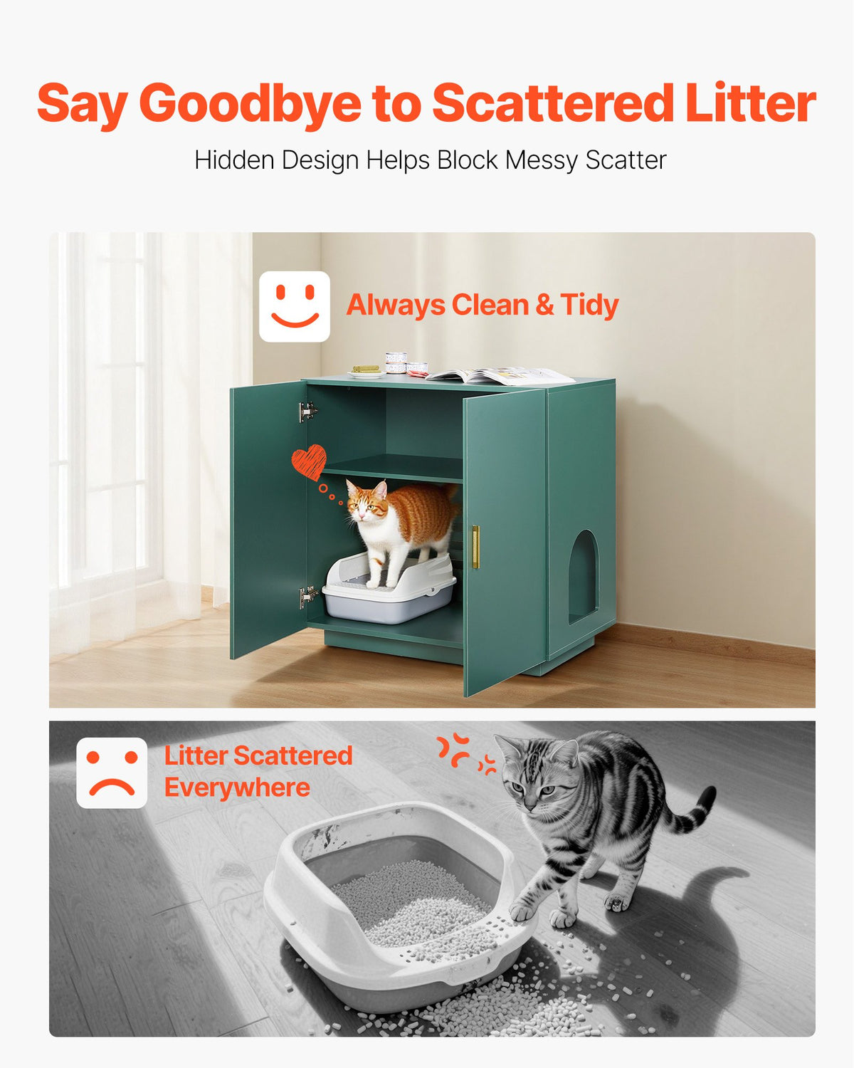 VEVOR Cat Litter Box Enclosure, 80 cm Hidden Litter Box Cabinet, Wooden Indoor Cat Washroom with Ventilated Holes, Double-Door Kitty Pet House Furniture, End Side Table Fit Most Litterboxes
